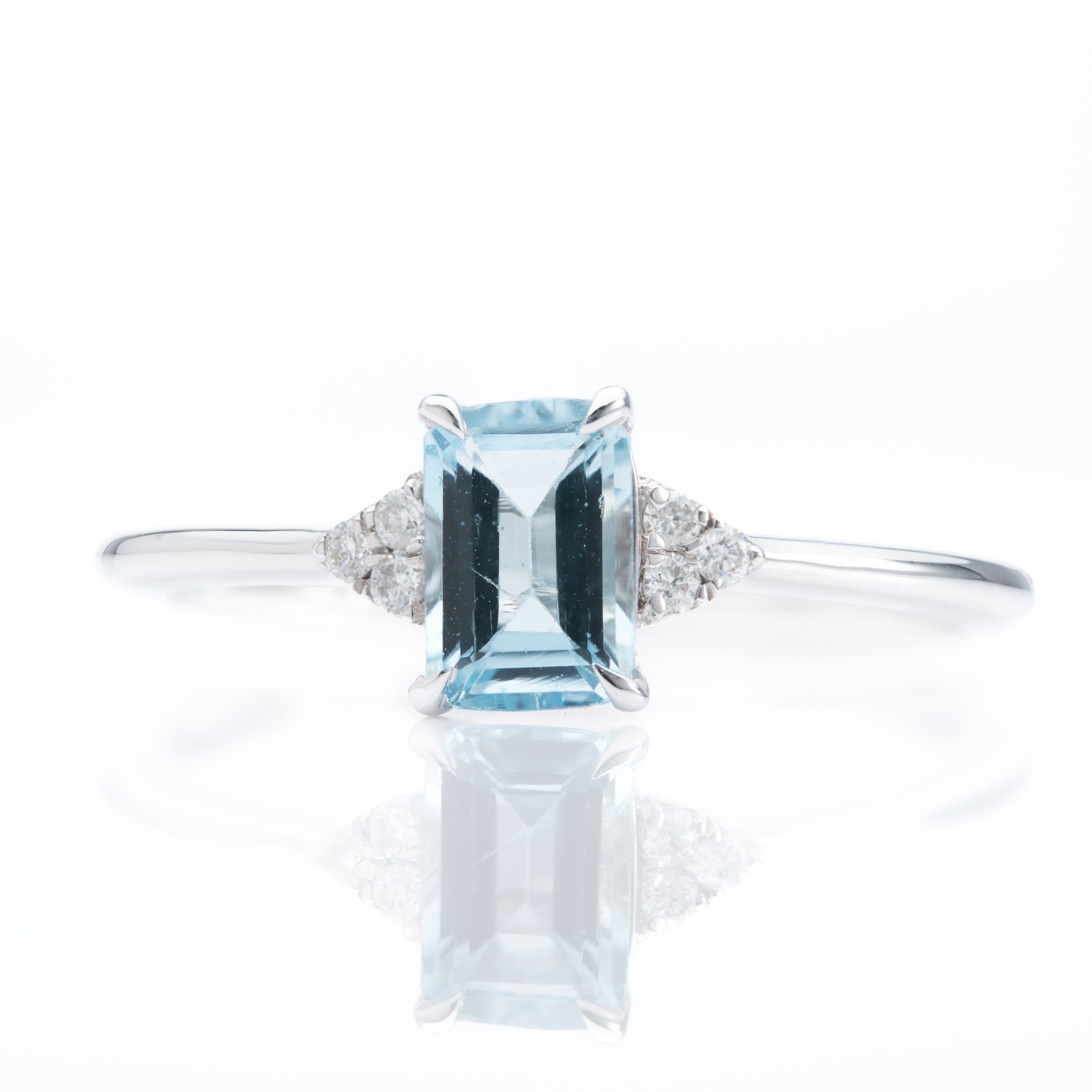9ct White Gold Emerald cut Aquamarine and Diamond Trefoil shoulder Ring