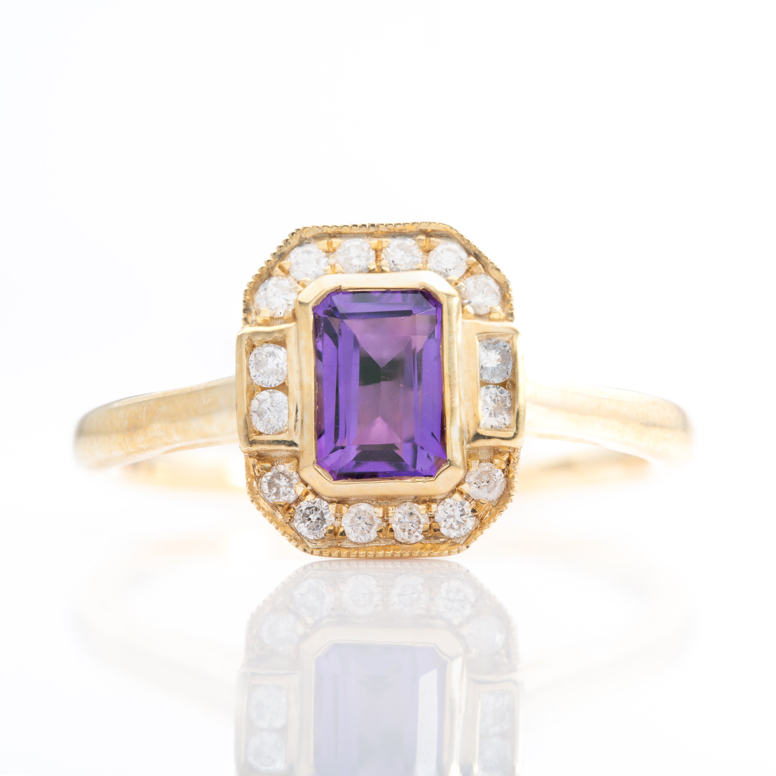 9ct Yellow Gold Octagonal Cut Amethyst & Round Brilliant Cut Diamond Halo Cluster Ring