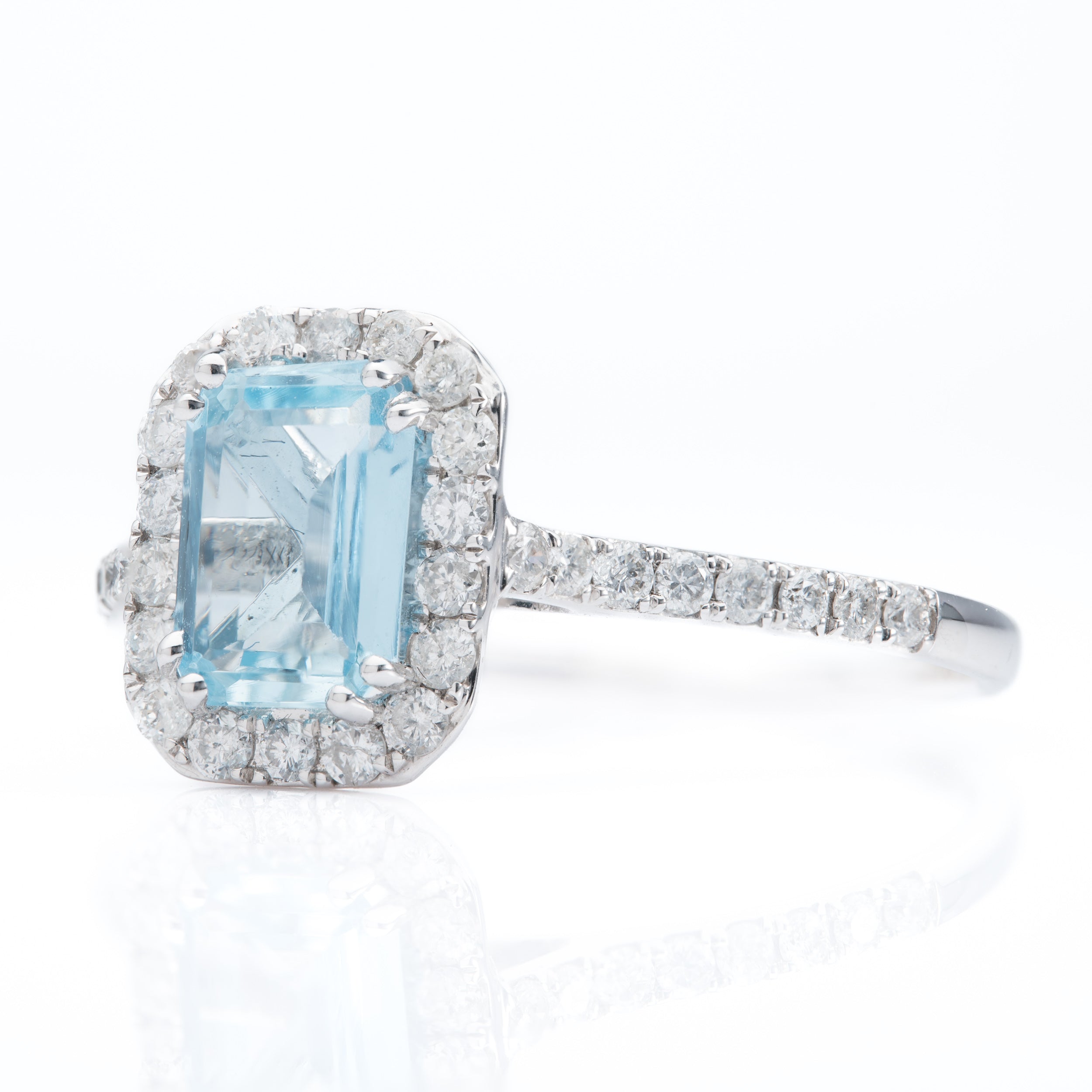 9ct White Gold Emerald cut Aquamarine Halo Cluster Ring with Diamond Shoulders