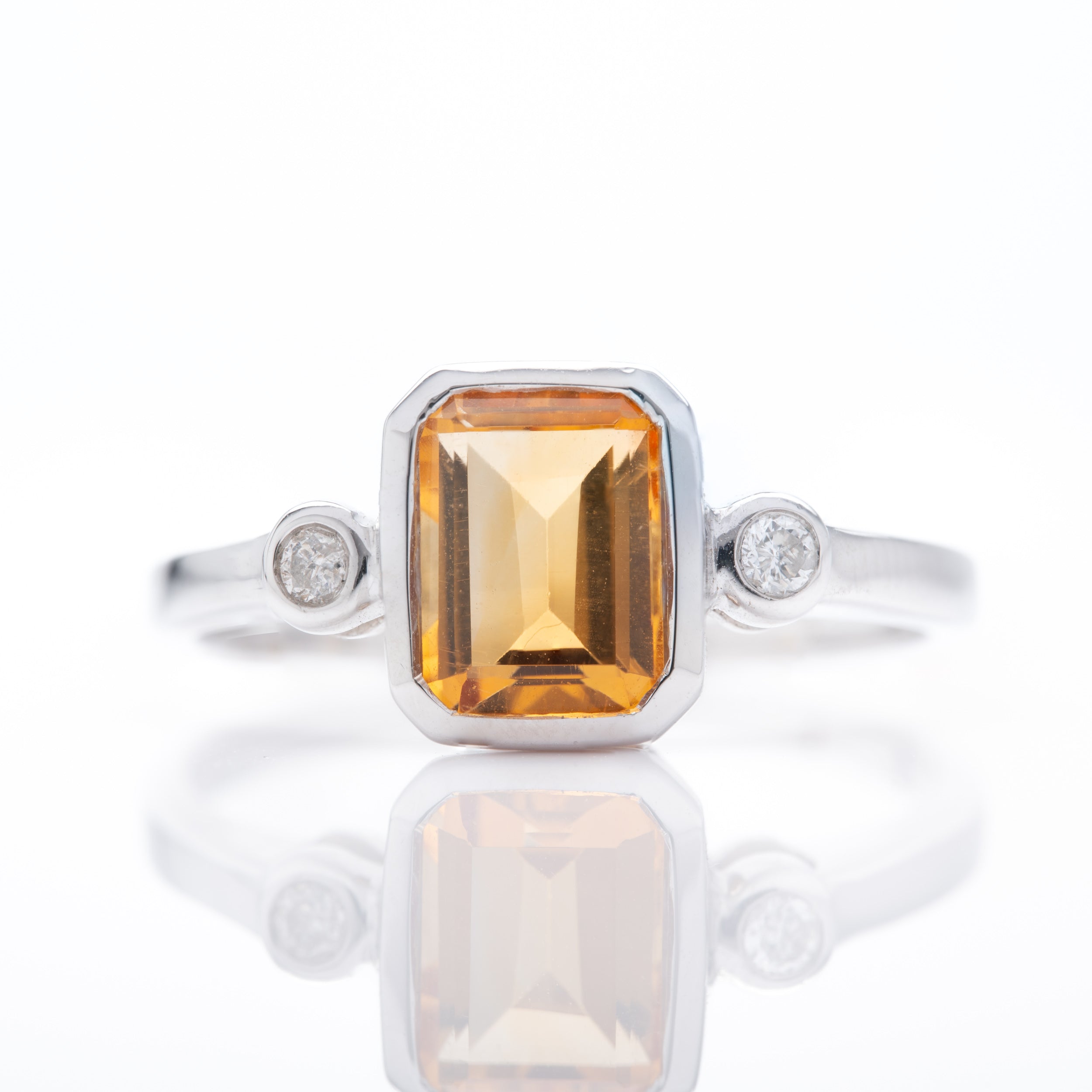 9ct White Gold Octagonal Cut Citrine & Round Brilliant Cut Diamond Trilogy Ring