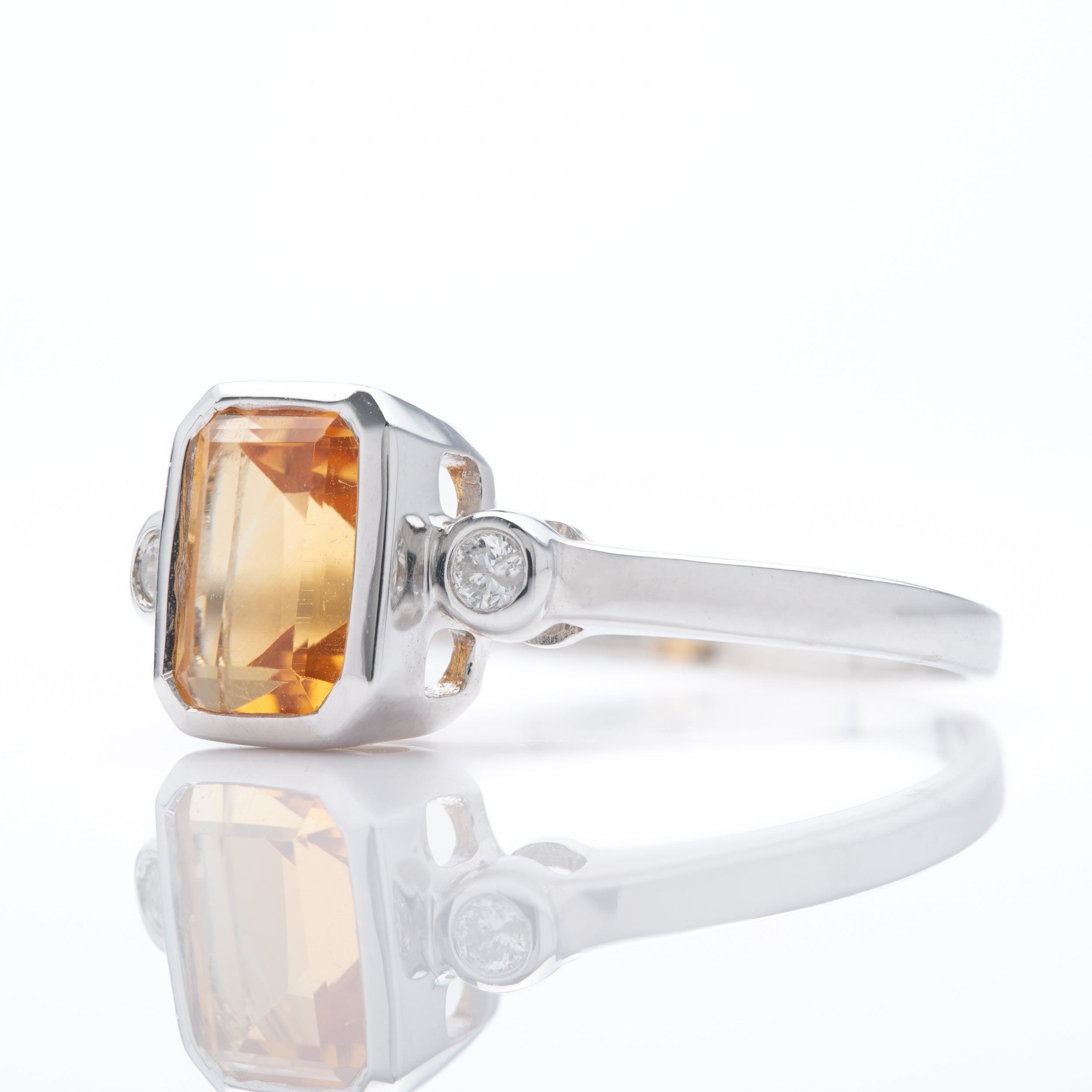 9ct White Gold Octagonal Cut Citrine & Round Brilliant Cut Diamond Trilogy Ring