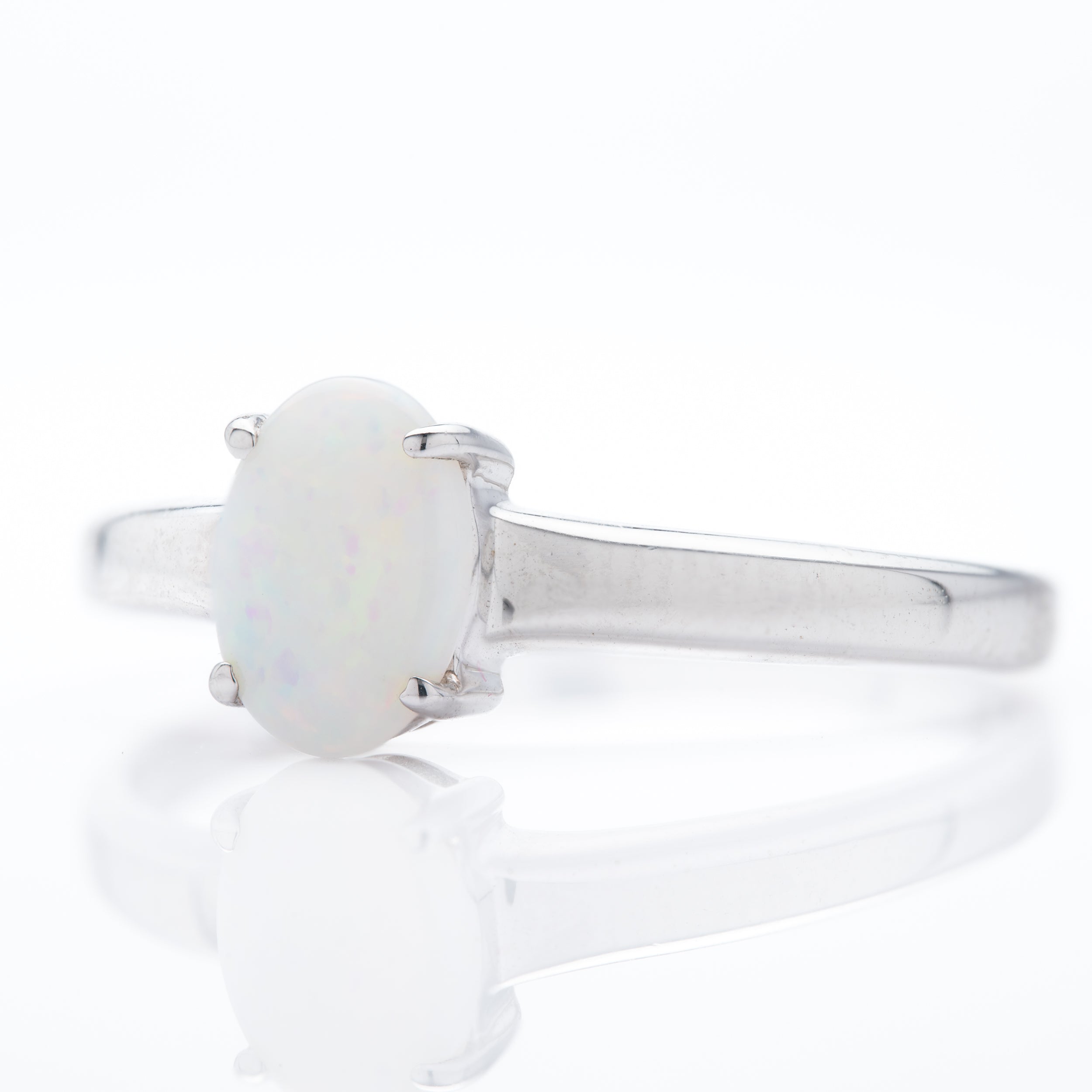 9ct White Gold Oval Cabochan Opal Claw Set Ring