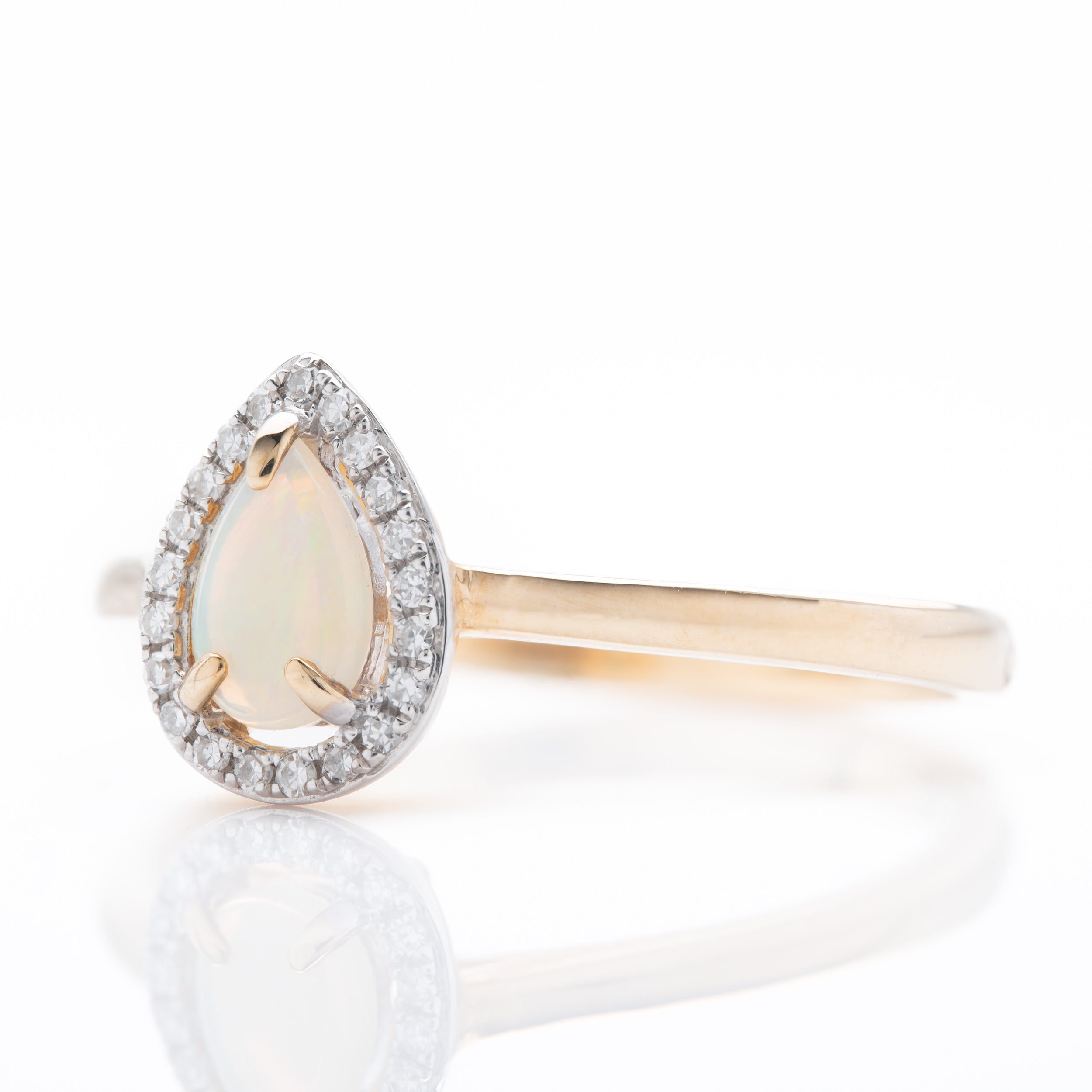 9ct Gold Pear Shaped Opal & Round Brilliant Cut Diamond Halo Cluster Ring