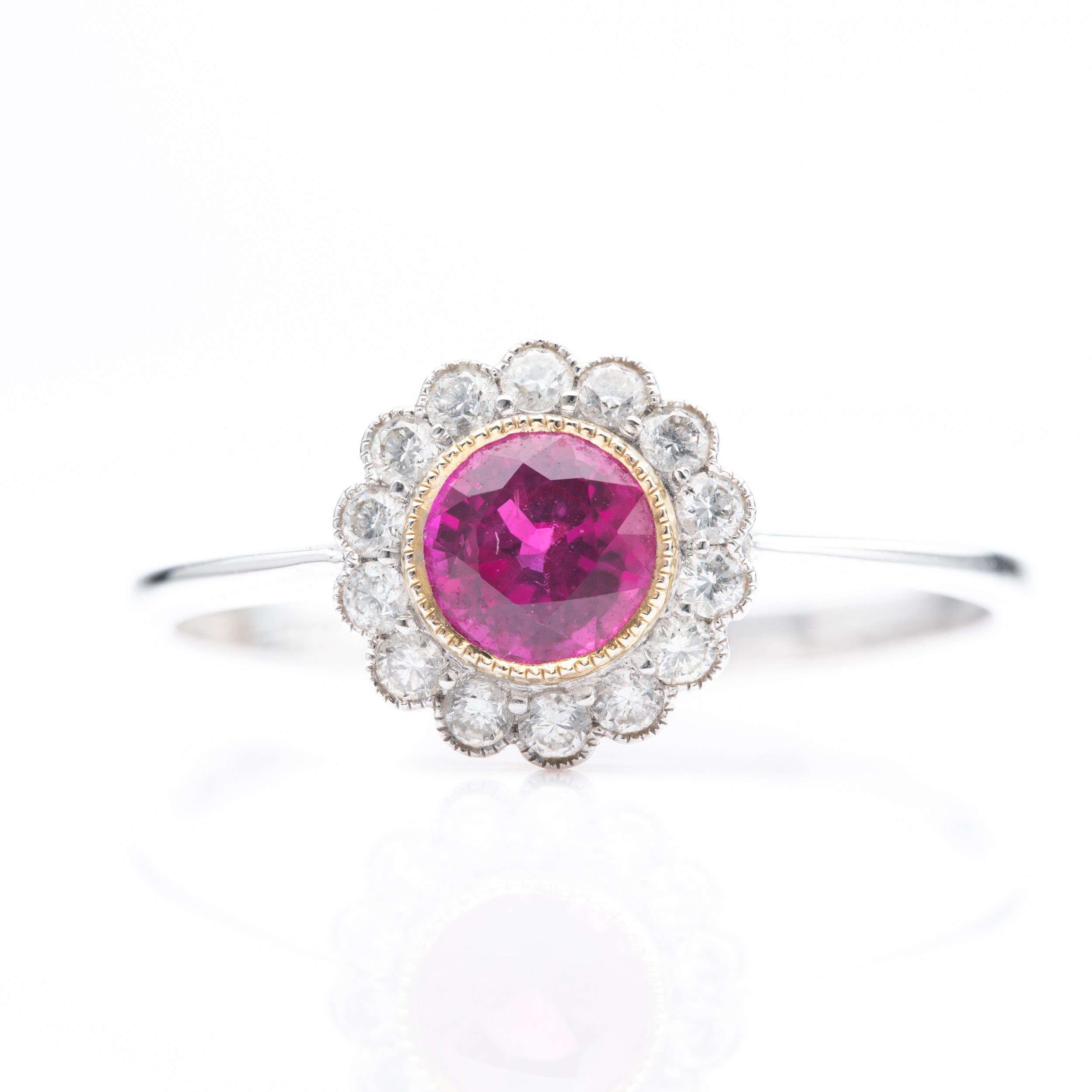 18ct White & Yellow Gold Round Cut Ruby & Round Brilliant Cut Diamond Flower Cluster Ring