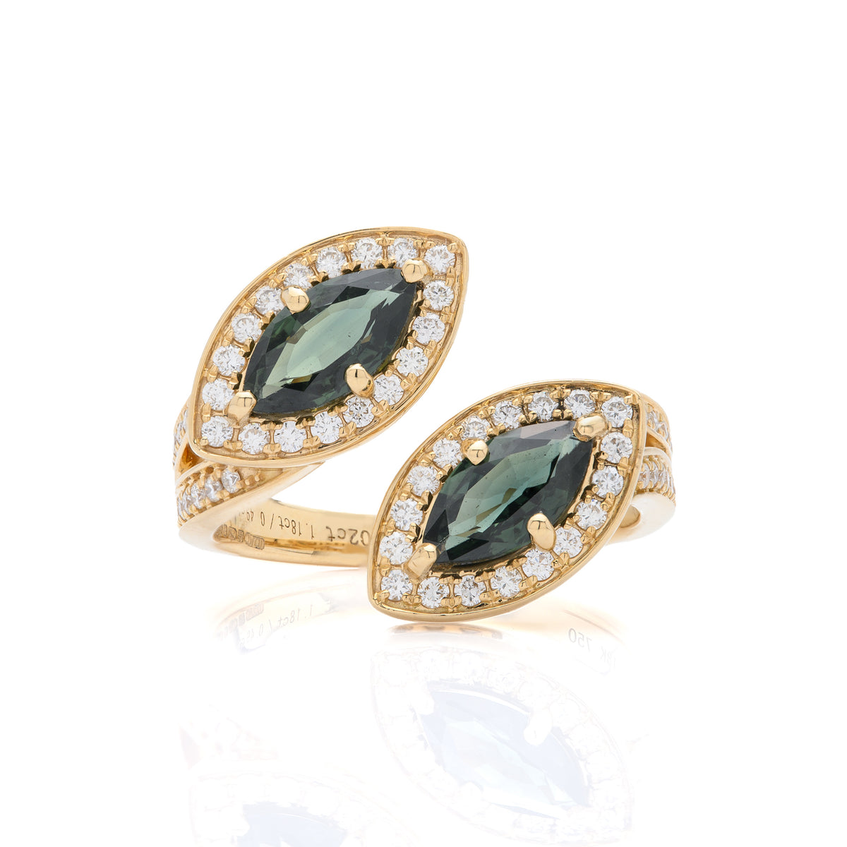 18ct Yellow Gold Green Sapphire & Diamond Marquise Cross-Over Ring