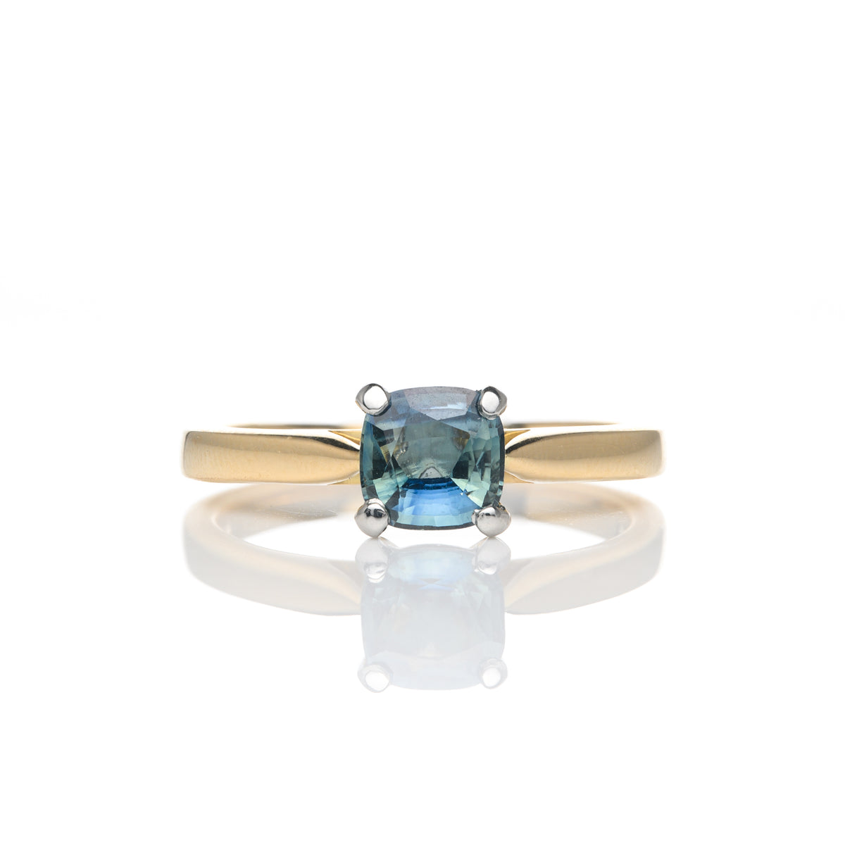 18ct Yellow Gold Cushion Cut Teal Sapphire Bespoke Designed Solitaire Ring