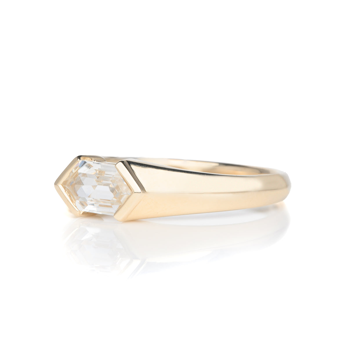 9ct Yellow Gold Hexagonal Cut Untreated White Sapphire Bespoke Designed Solitaire Ring
