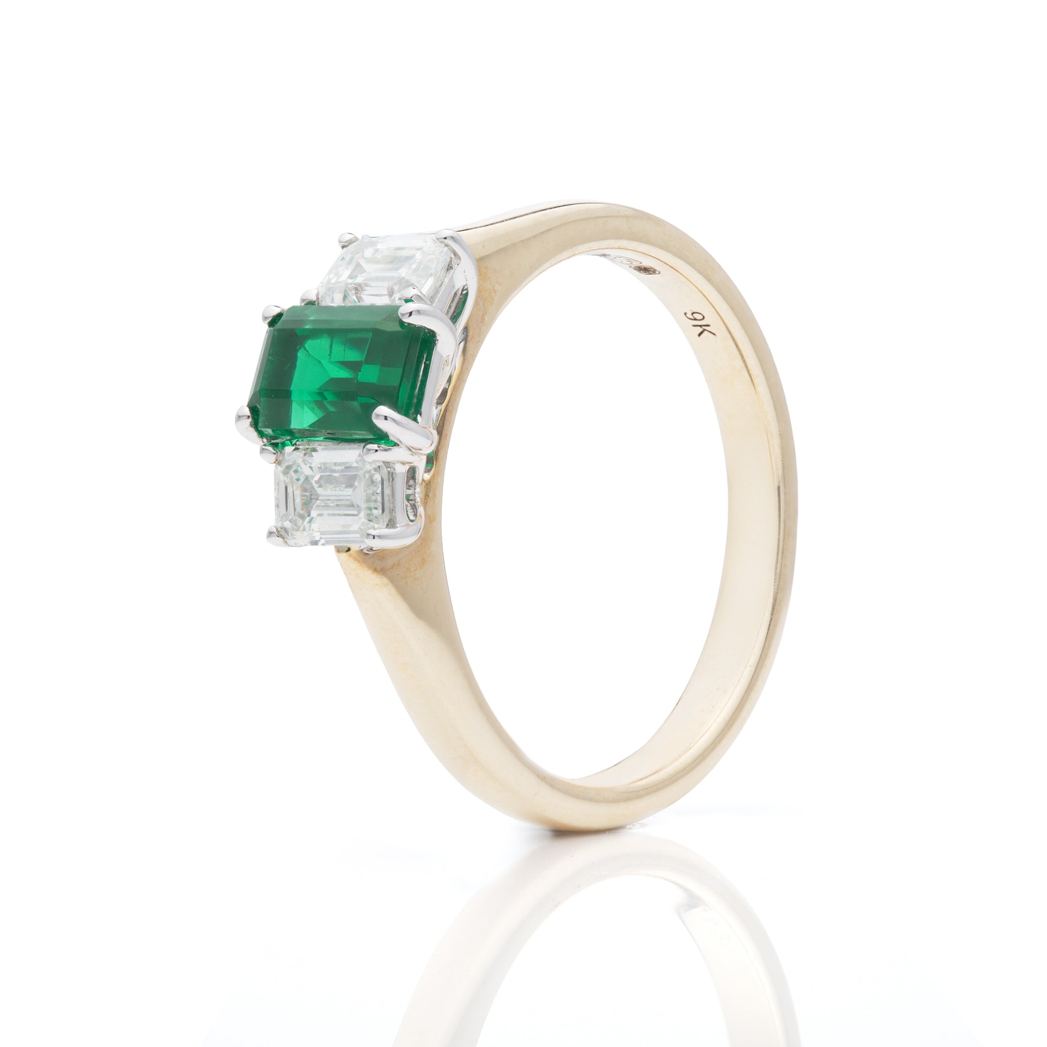 9ct Yellow Gold Emerald Cut Lab Grown Emerald and Lab Grown Diamond Trilogy Ring
