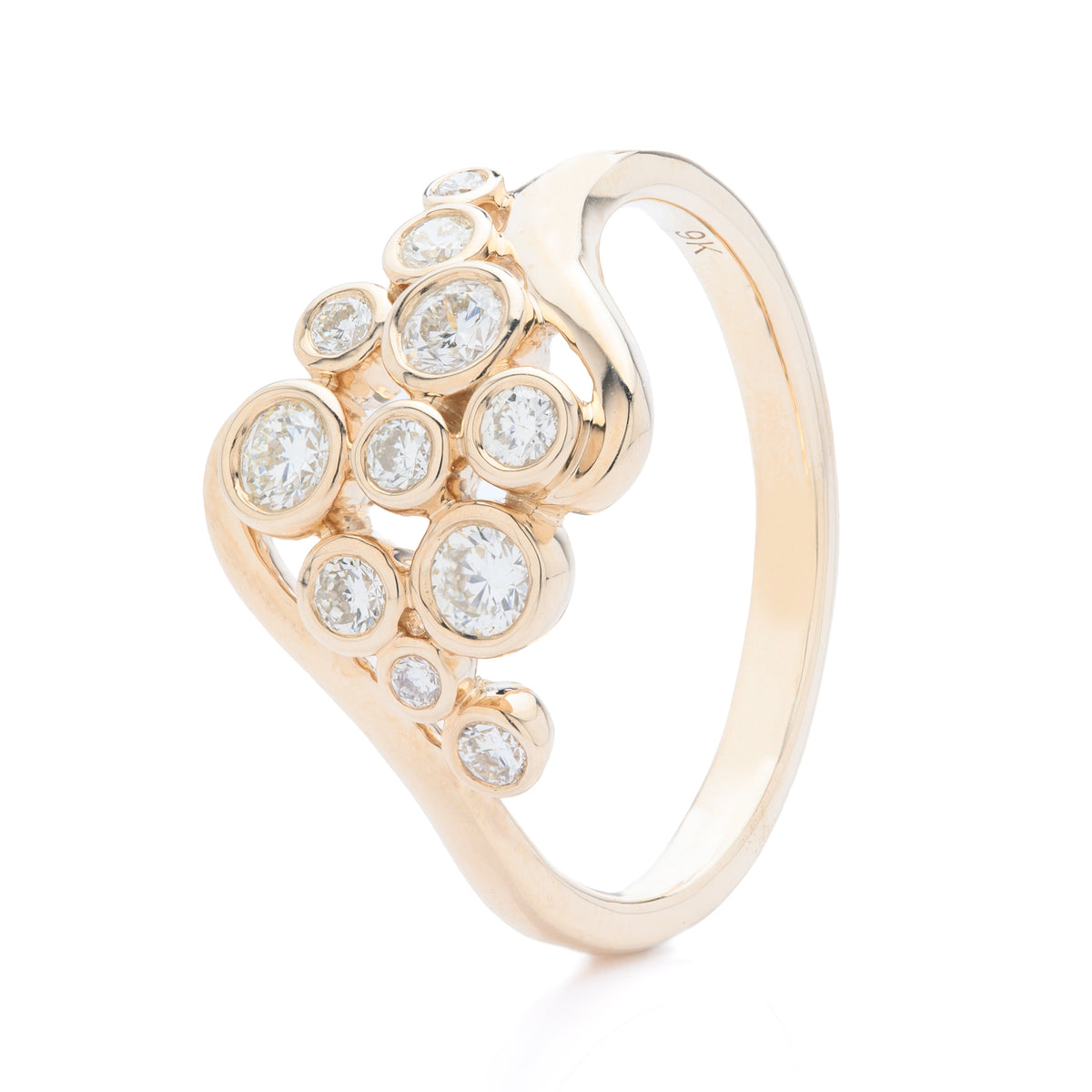 9ct Yellow Gold Bezel Set Diamond Bubble Cluster Ring