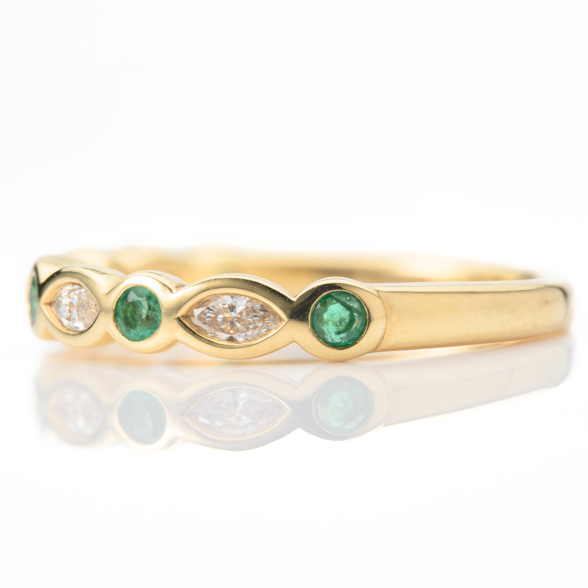18ct Yellow Gold Round Cut Emerald & Marquise Cut Diamond Rubover Set Half Eternity Ring
