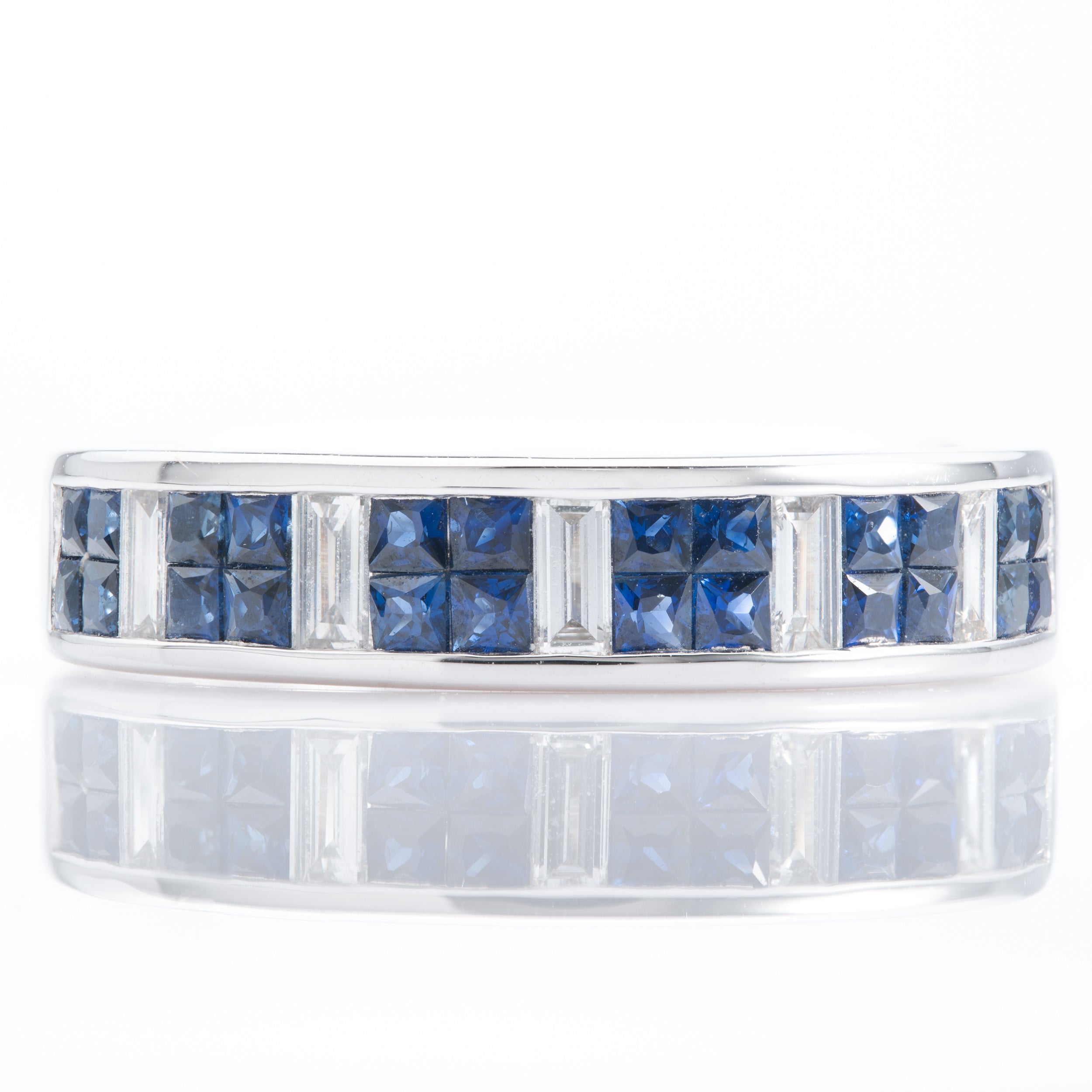 18ct White Gold Princess cut Sapphire and Baguette cut Diamond Eternity Ring