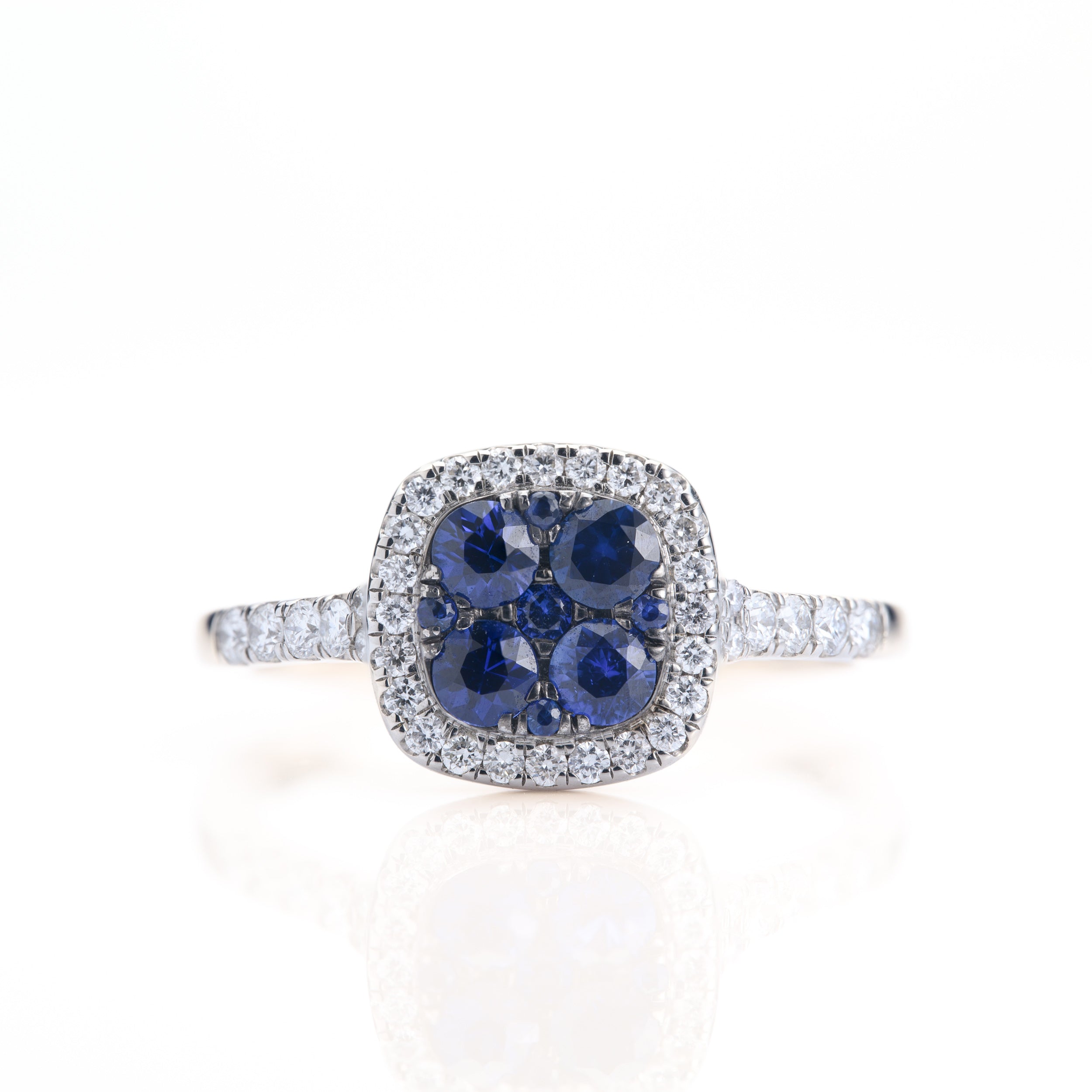 Platinum Round Cut Sapphire & Round Brilliant Cut Diamond Cushion Cluster Ring