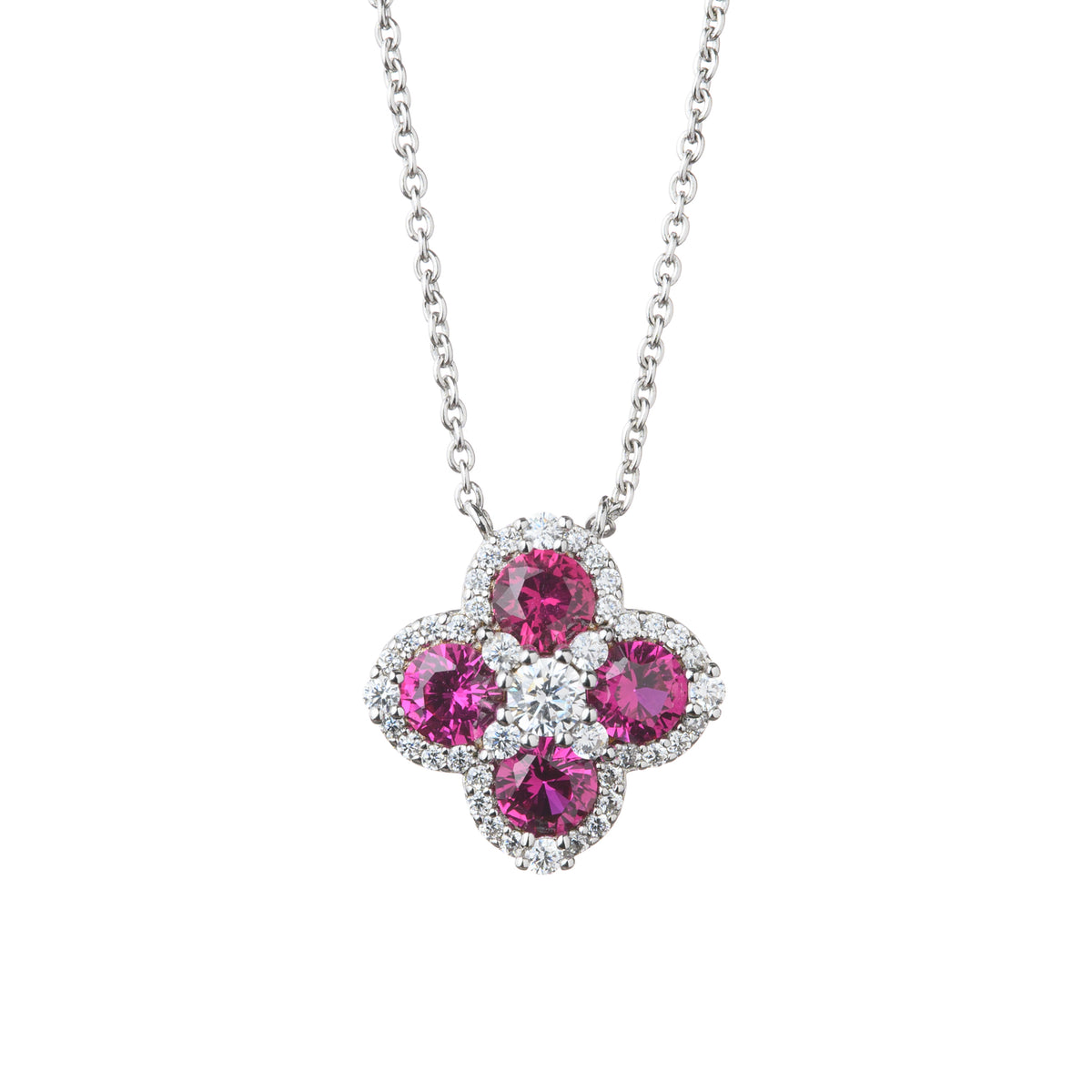 Silver Red Cubic Zirconia Four Leaf Clover Pendant and Integrated 15"/17" Chain with Extender