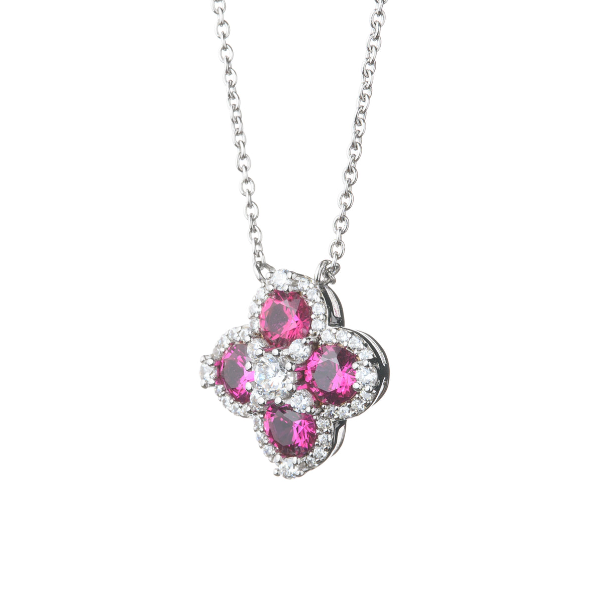 Silver Red Cubic Zirconia Four Leaf Clover Pendant and Integrated 15"/17" Chain with Extender