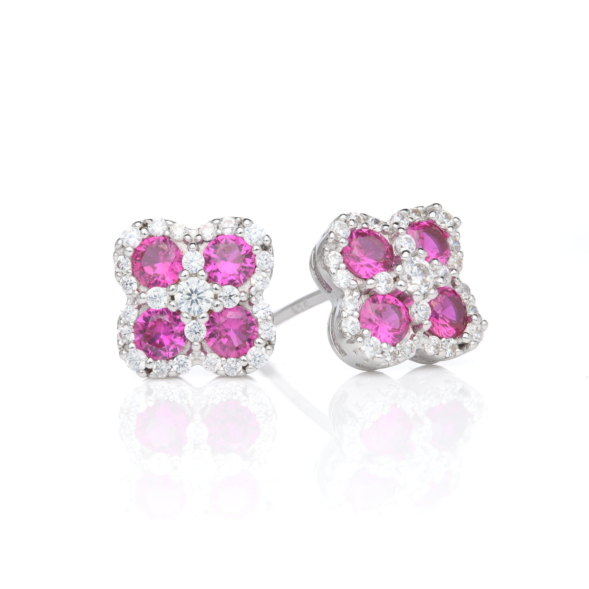 Silver Cubic Zirconia Four Leaf Clover Stud Earrings (Red)