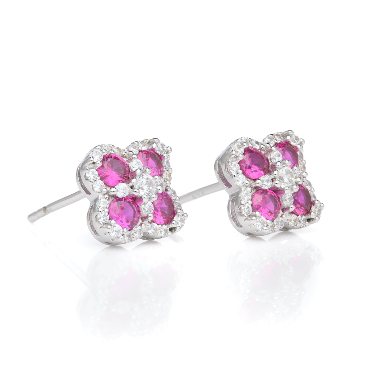 Silver Cubic Zirconia Four Leaf Clover Stud Earrings (Red)