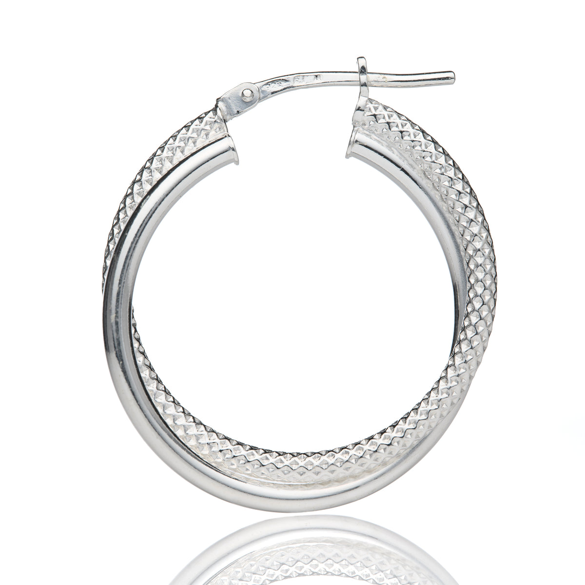 Silver 25mm Double Hoop Style Earrings With Textured Hoop