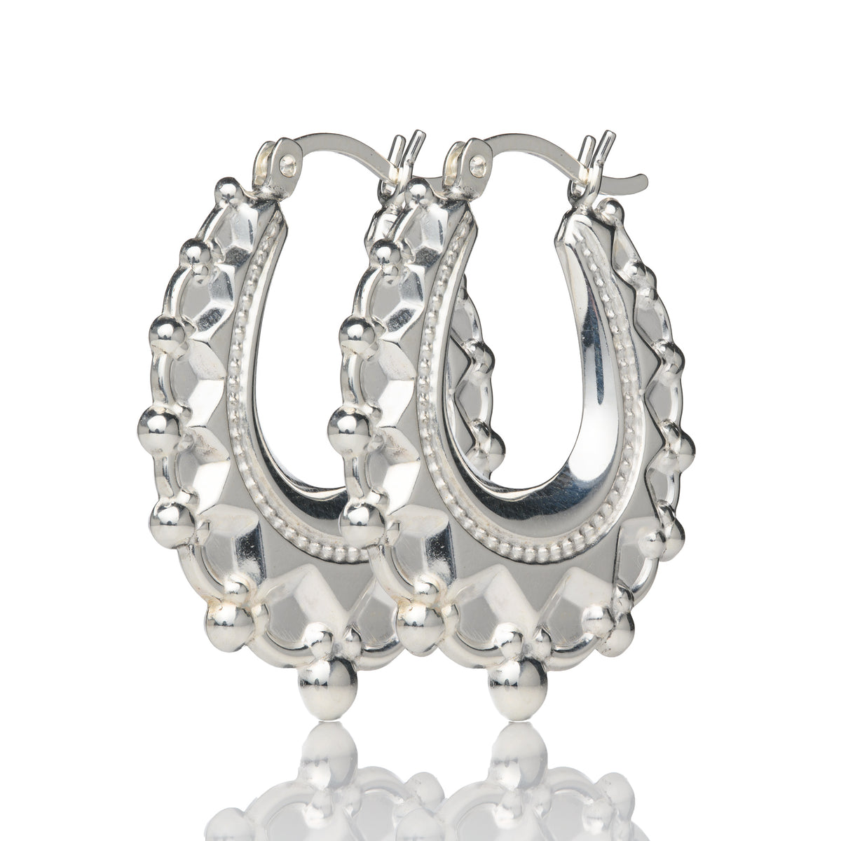 Silver Embossed Oval Creole Earrings (24mm width, 30mm height)