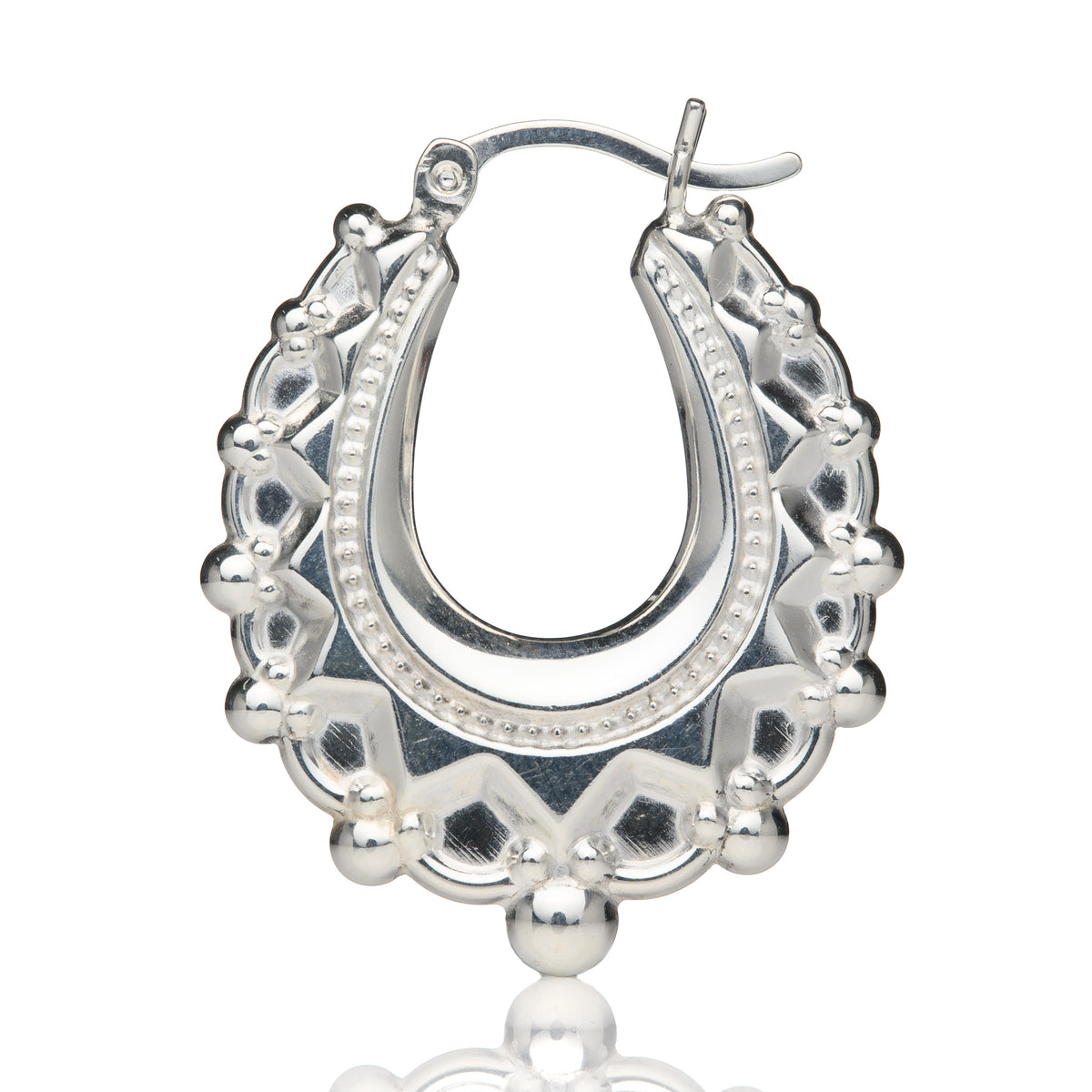 Silver Embossed Oval Creole Earrings (24mm width, 30mm height)