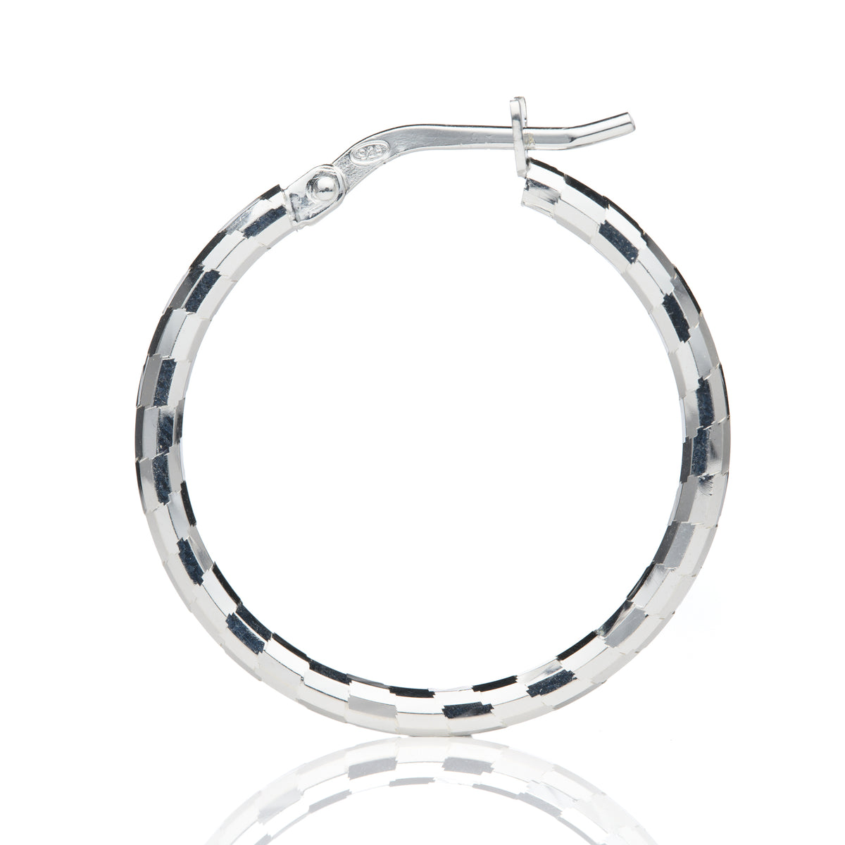 Silver 20mm Checkerboard Design Hoop Earrings