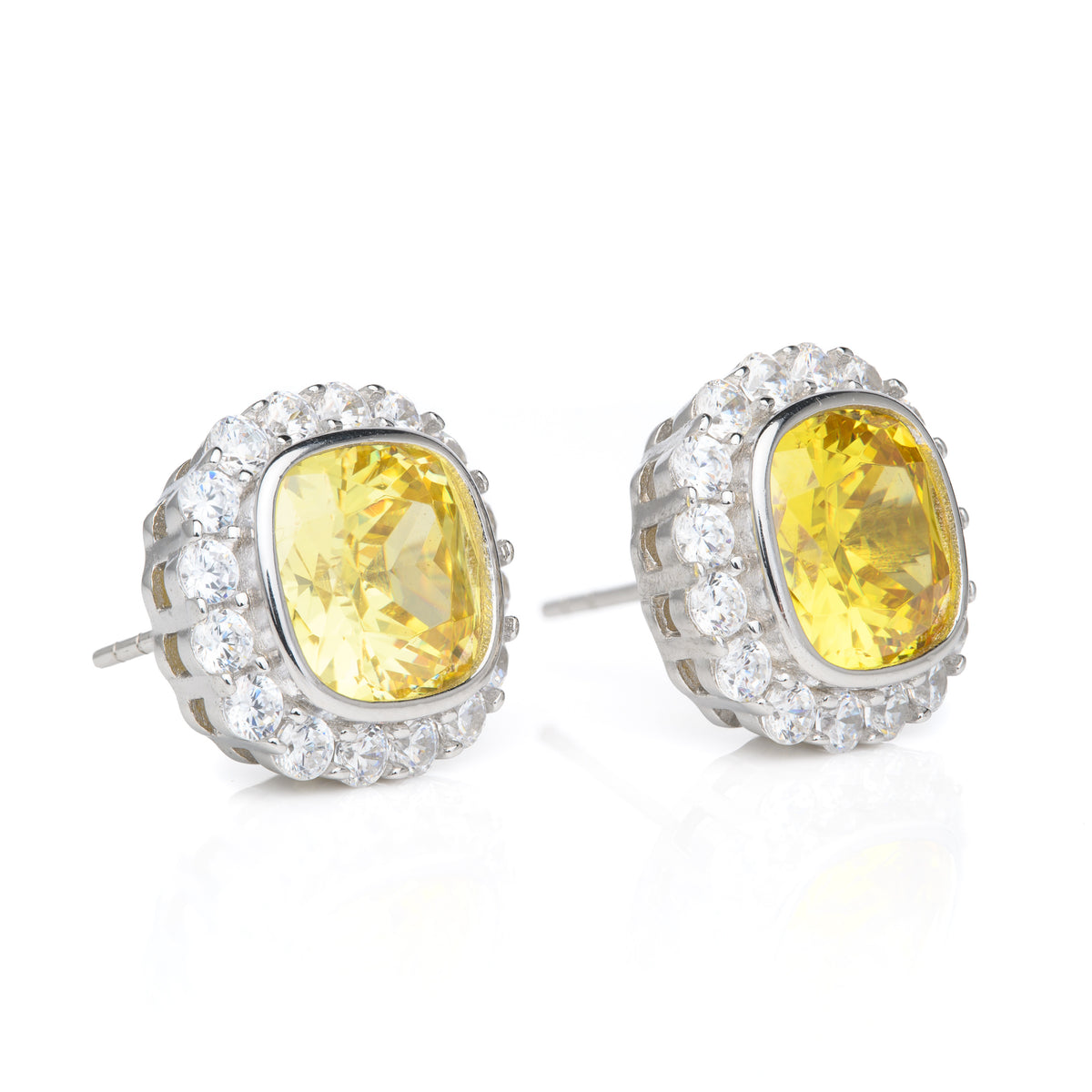 Silver Yellow Cubic Zirconia Stud Earrings With Cubic Zirconia Halo