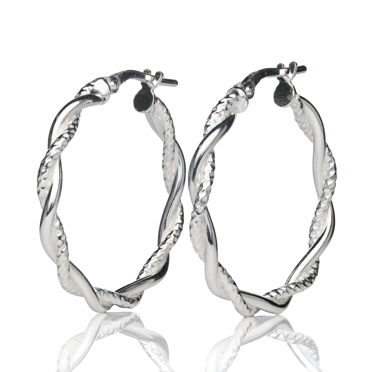 Silver Diamond Cut and Plain Twisted 27mm Double Hoop Earrings