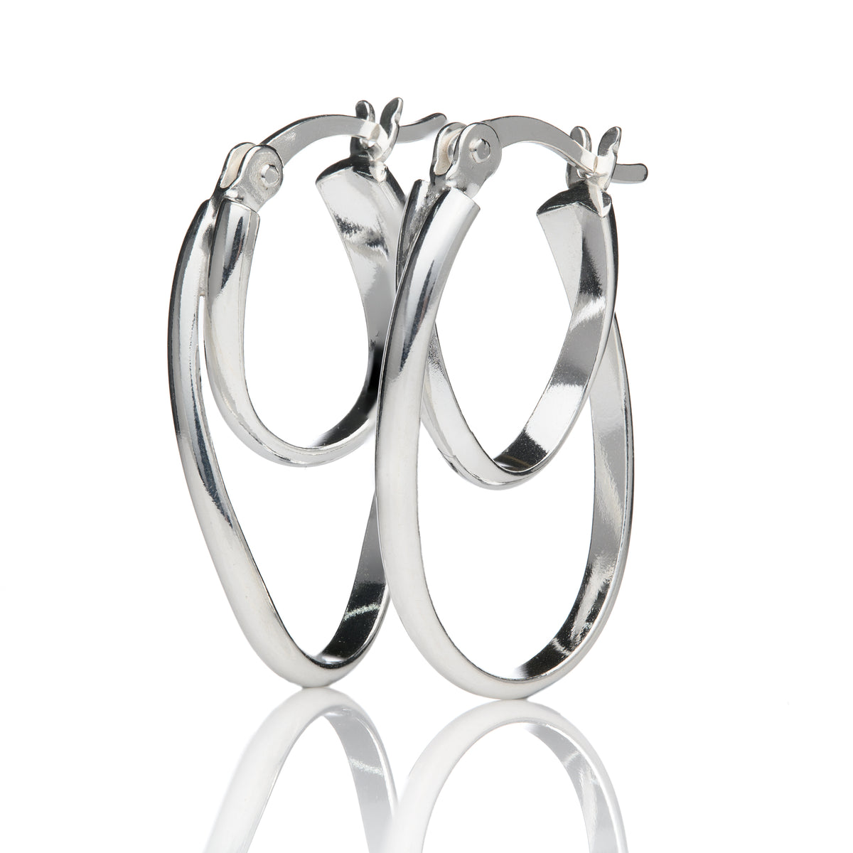 Silver Oval Double Hoop Earrings (15mm Width, 23mm Height)