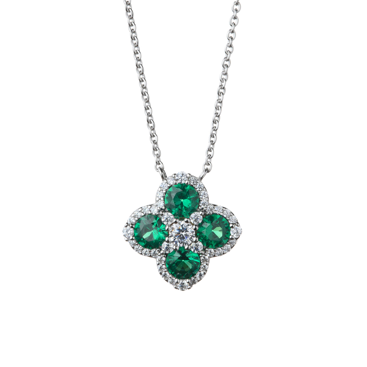 Silver Green Cubic Zirconia Four Leaf Clover Pendant and Integrated 15"/17" Chain with Extender