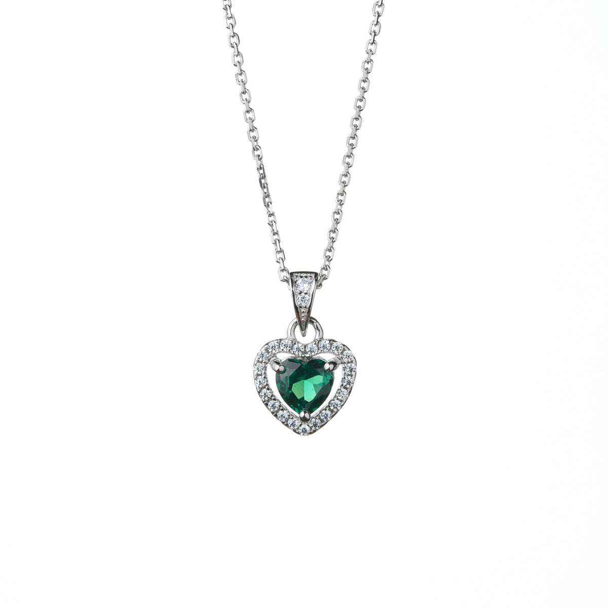 Silver Green Cubic Zirconia Heart Shaped Pendant With Cubic Zirconia Halo and 18" Trace Chain