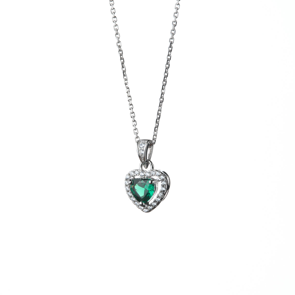 Silver Green Cubic Zirconia Heart Shaped Pendant With Cubic Zirconia Halo and 18" Trace Chain