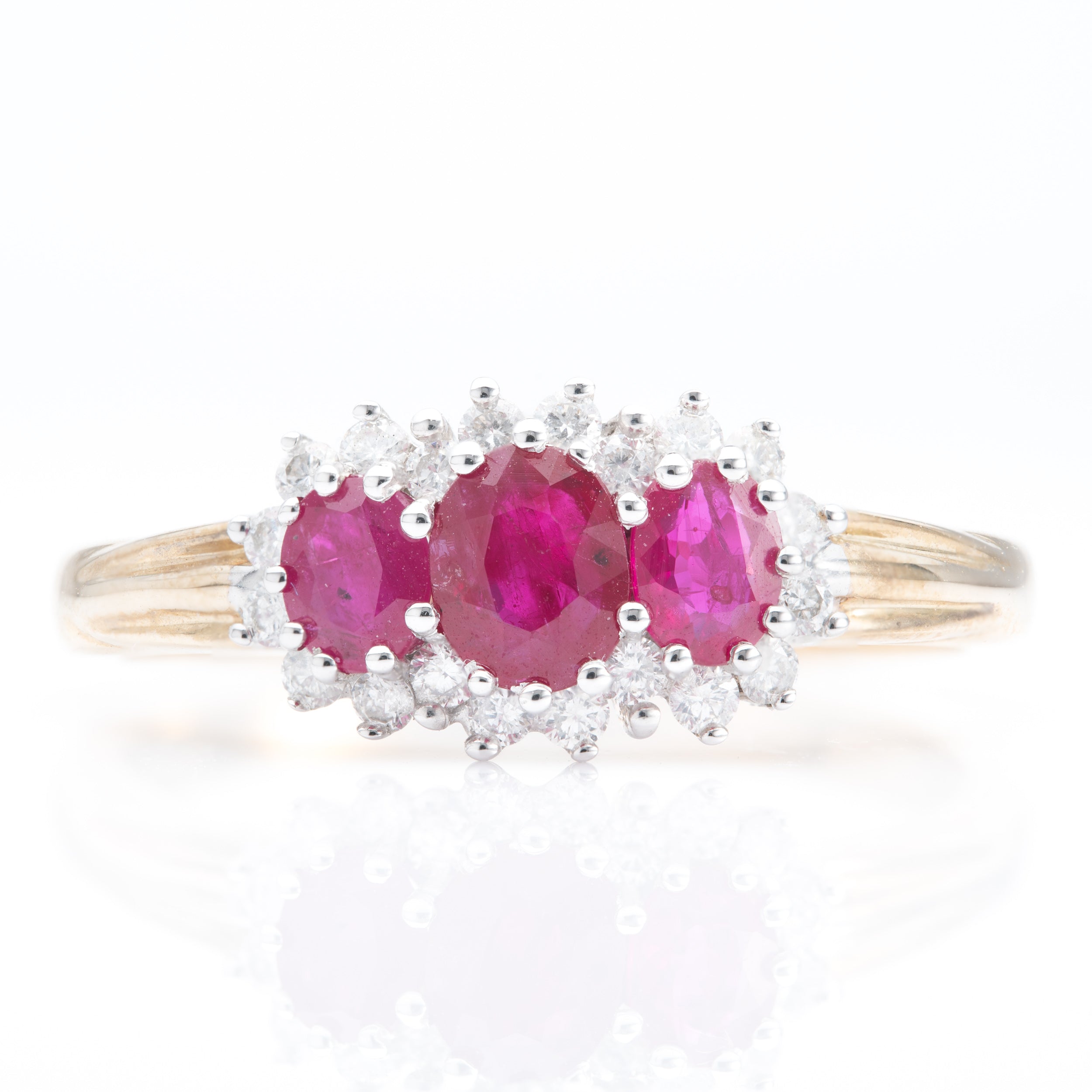 9ct Yellow gold Oval Ruby & Diamond Triple Cluster Ring