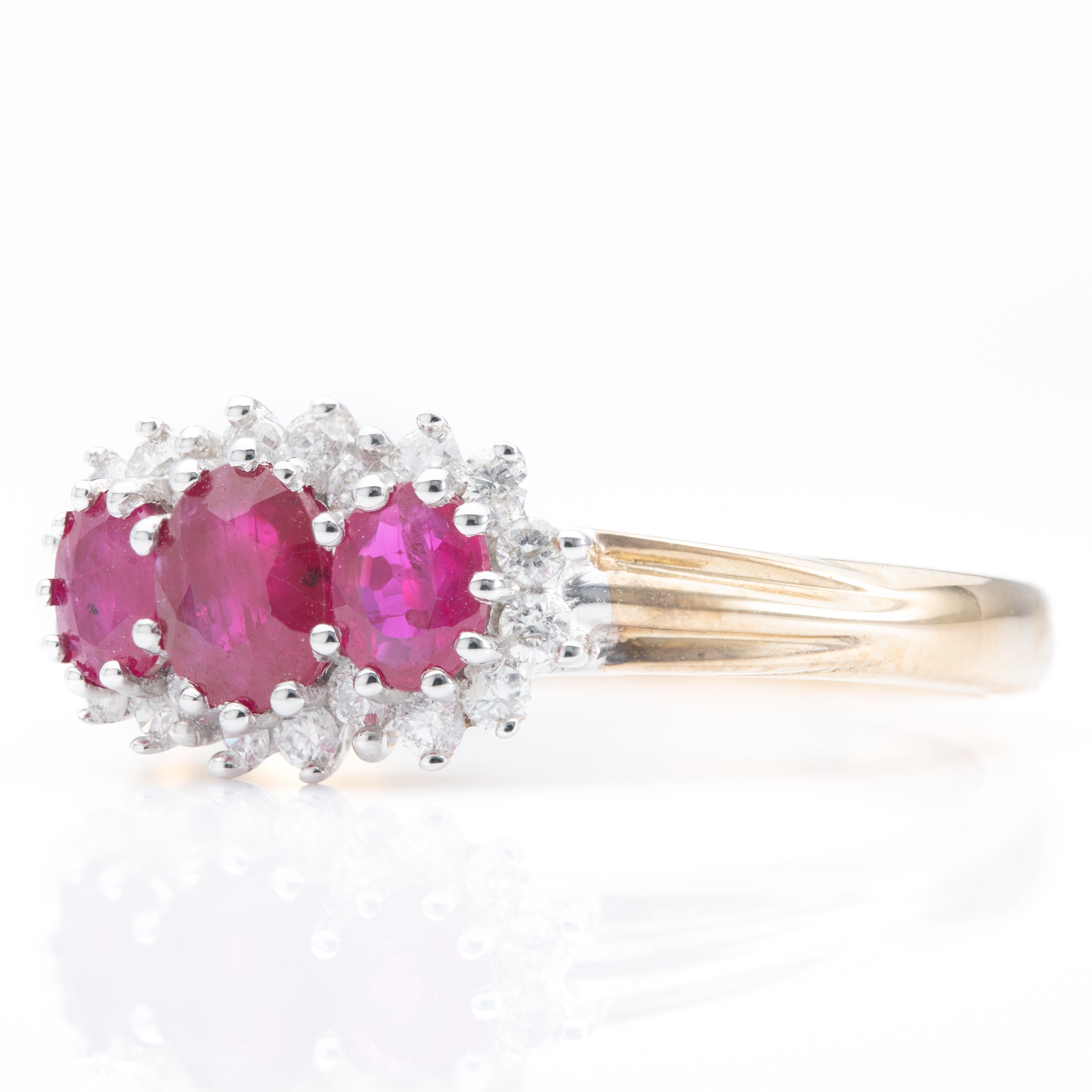 9ct Yellow gold Oval Ruby & Diamond Triple Cluster Ring