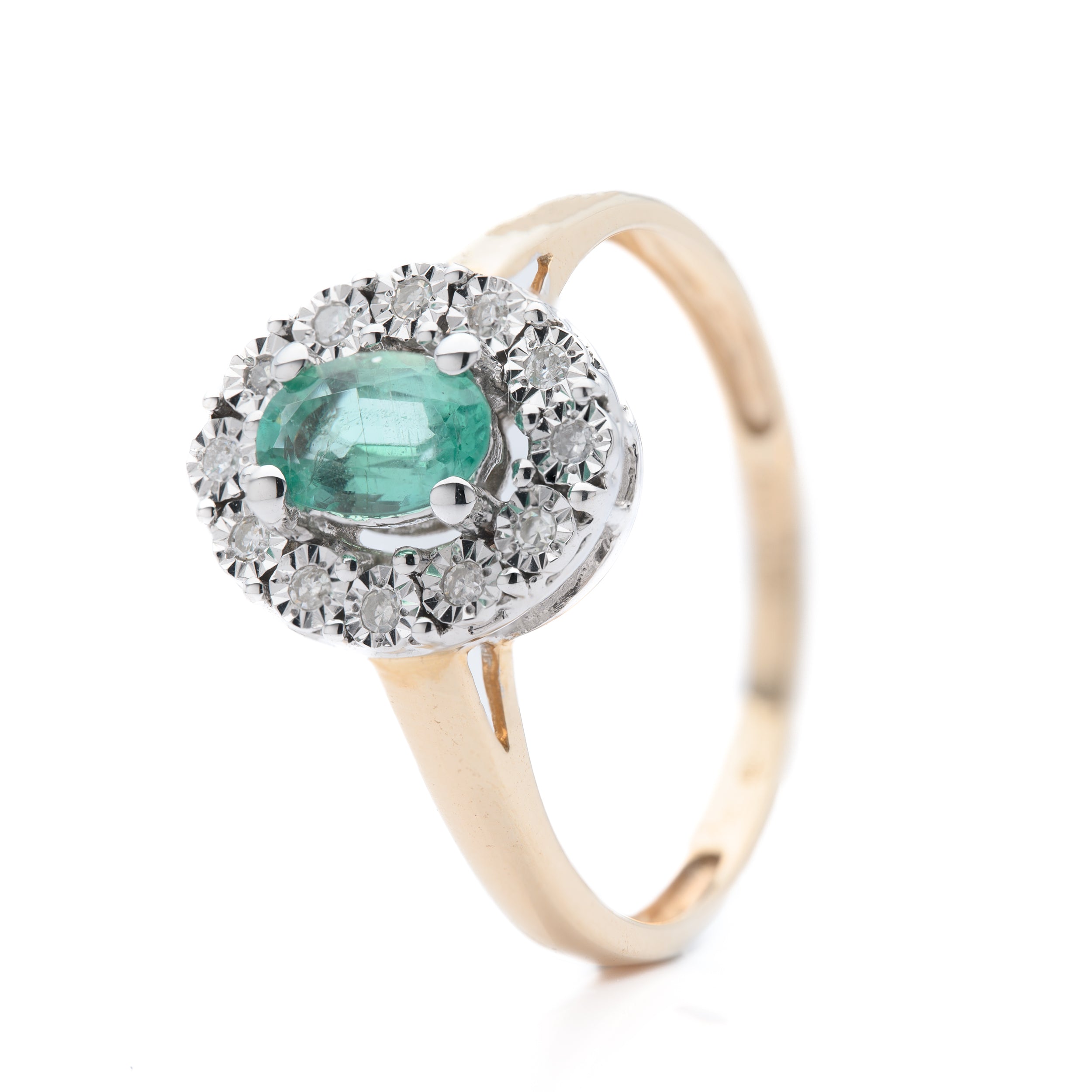 9ct Yellow Gold Oval Cut Emerald and Brilliant Cut Diamond Cluster Ring