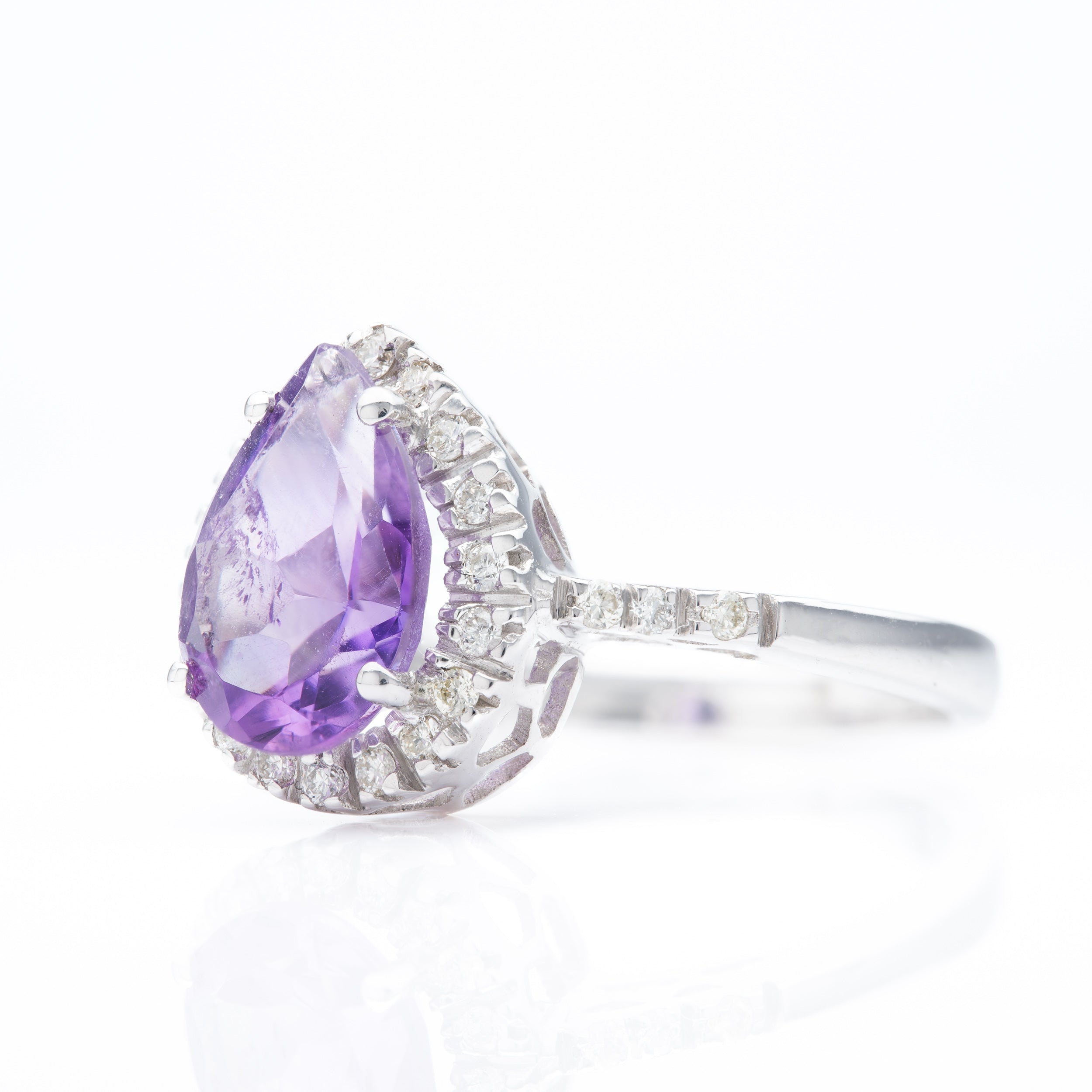 9ct White Gold Pear Cut Amethyst & Brilliant Cut Diamond Halo Cluster Ring