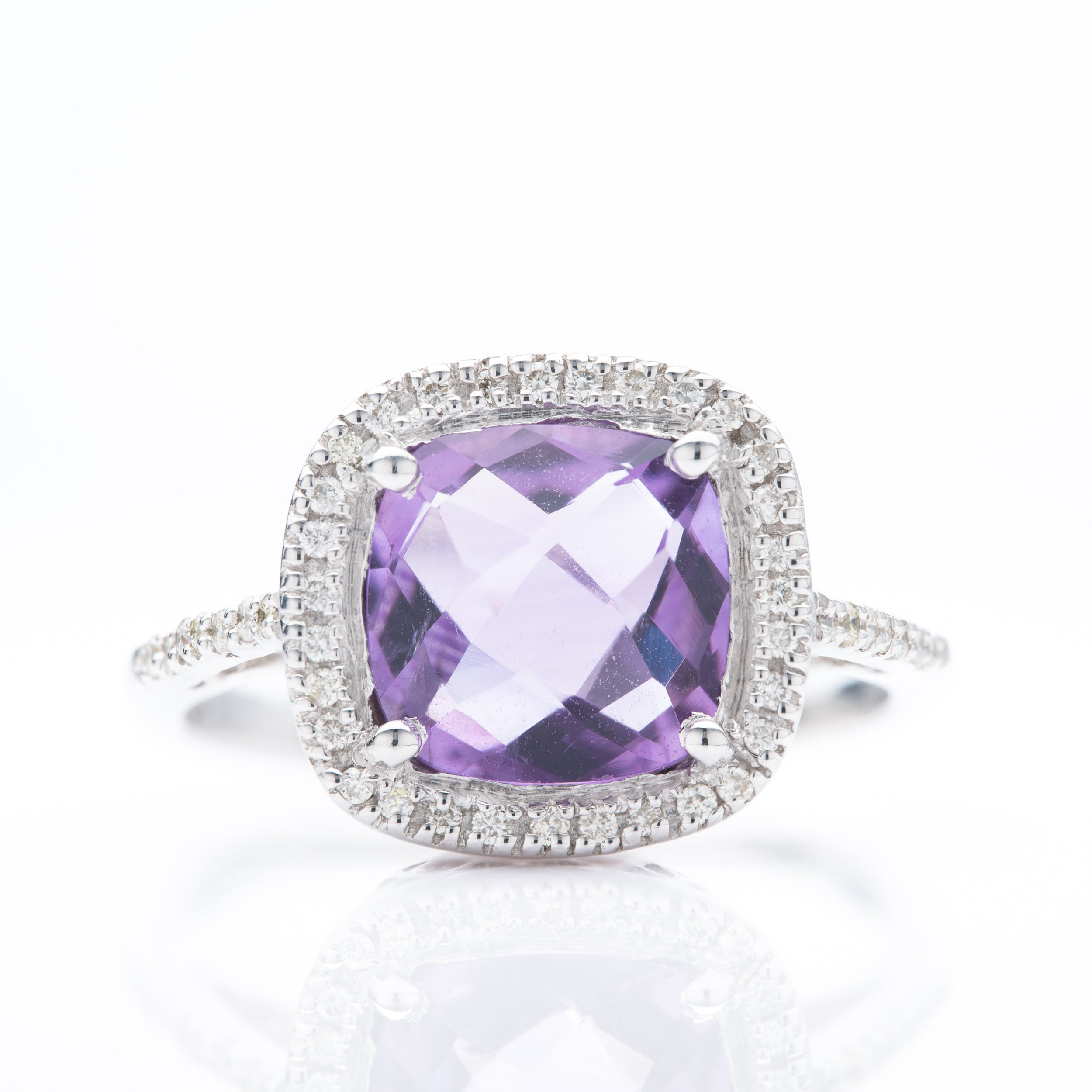 9ct White Gold Cushion Cut Amethyst & Round Brilliant Cut Diamond Cluster Ring