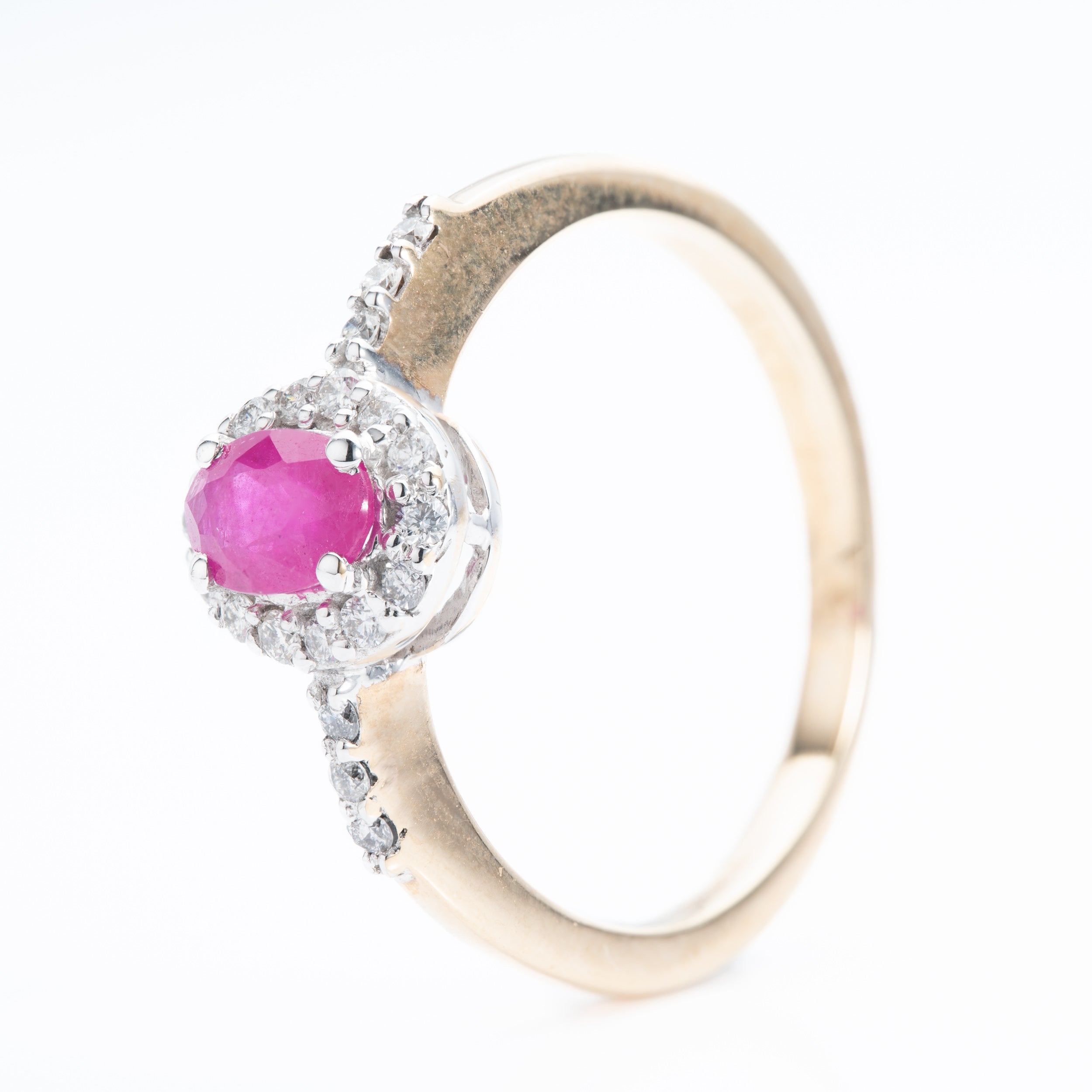 9ct Gold Oval Cut Ruby & Round Brilliant Cut Diamond Halo Cluster Ring