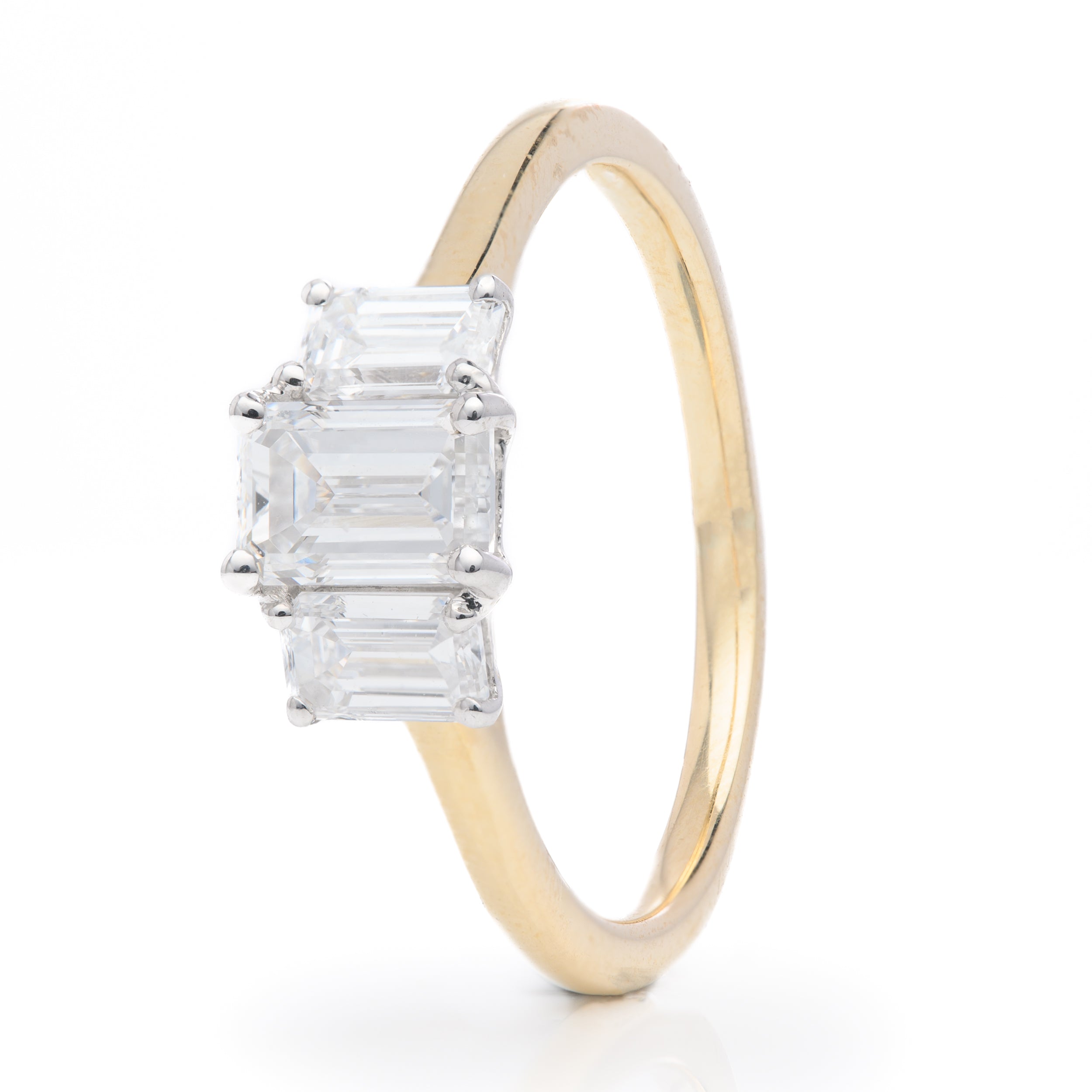 9ct Yellow Gold Lab Grown Emerald Cut Diamond Trilogy Ring
