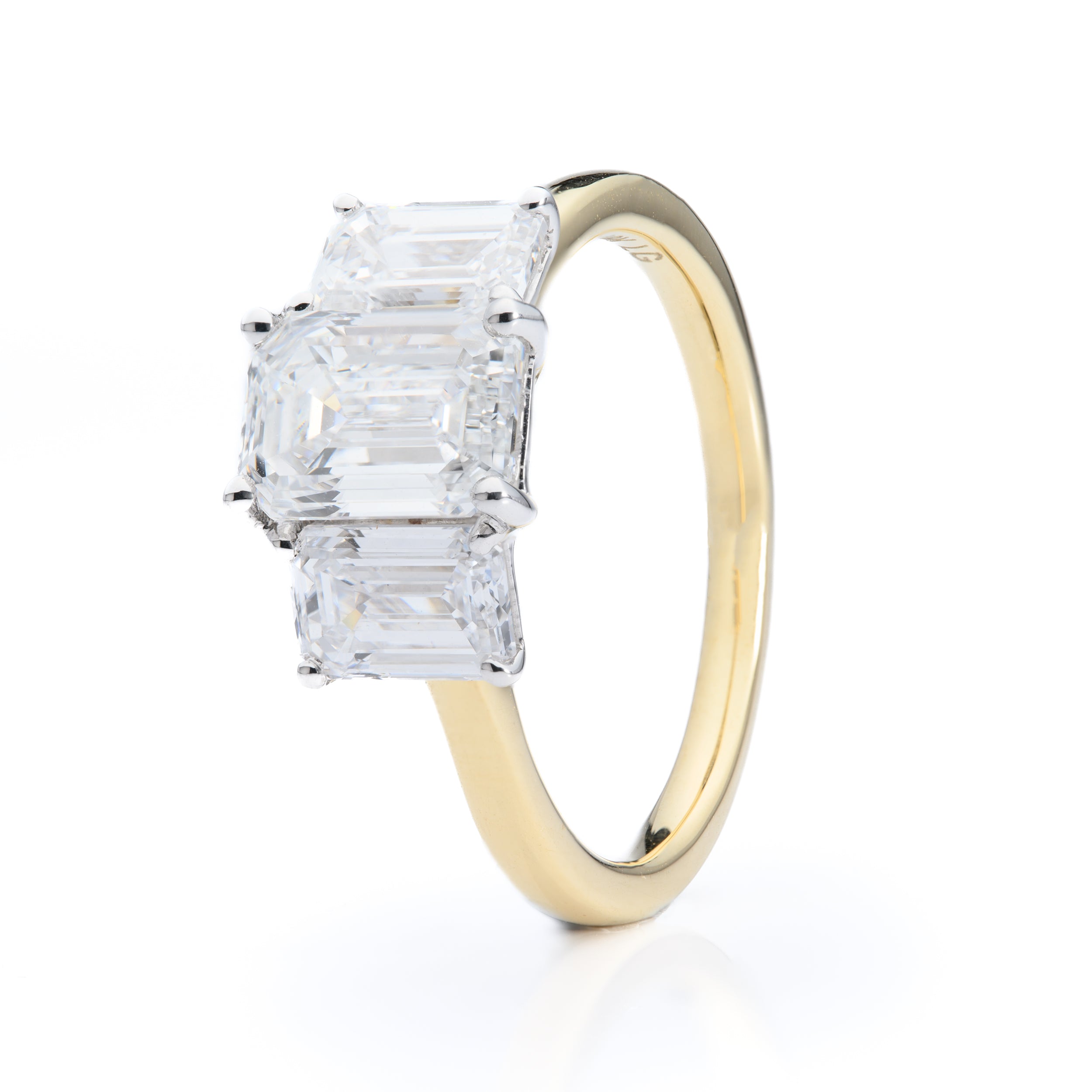 18ct Yellow Gold IGI Certified Emerald Cut Lab Grown Diamond Trilogy Ring