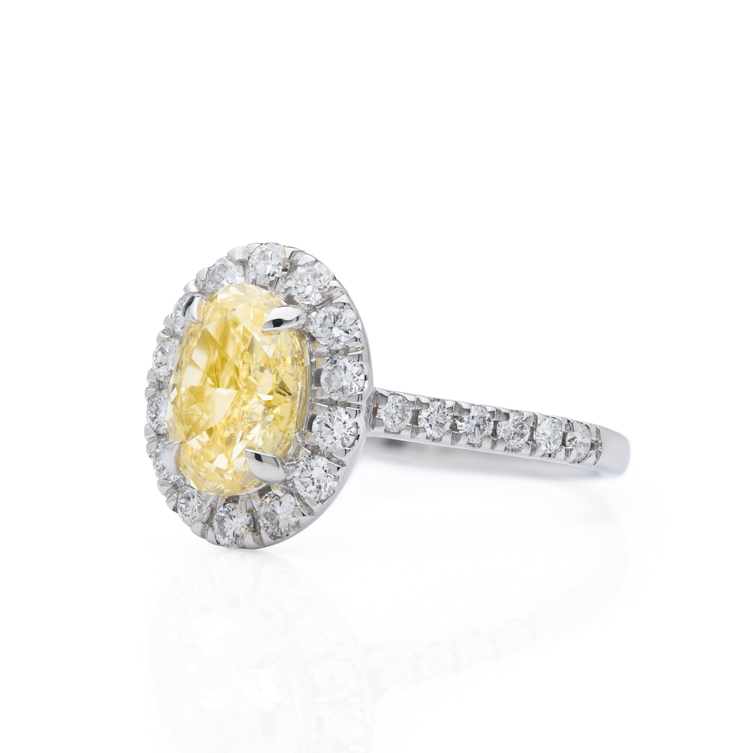 18ct White Gold Oval Cut Yellow Lab Grown Diamond and Halo Cluster Lab Grown Diamond Ring