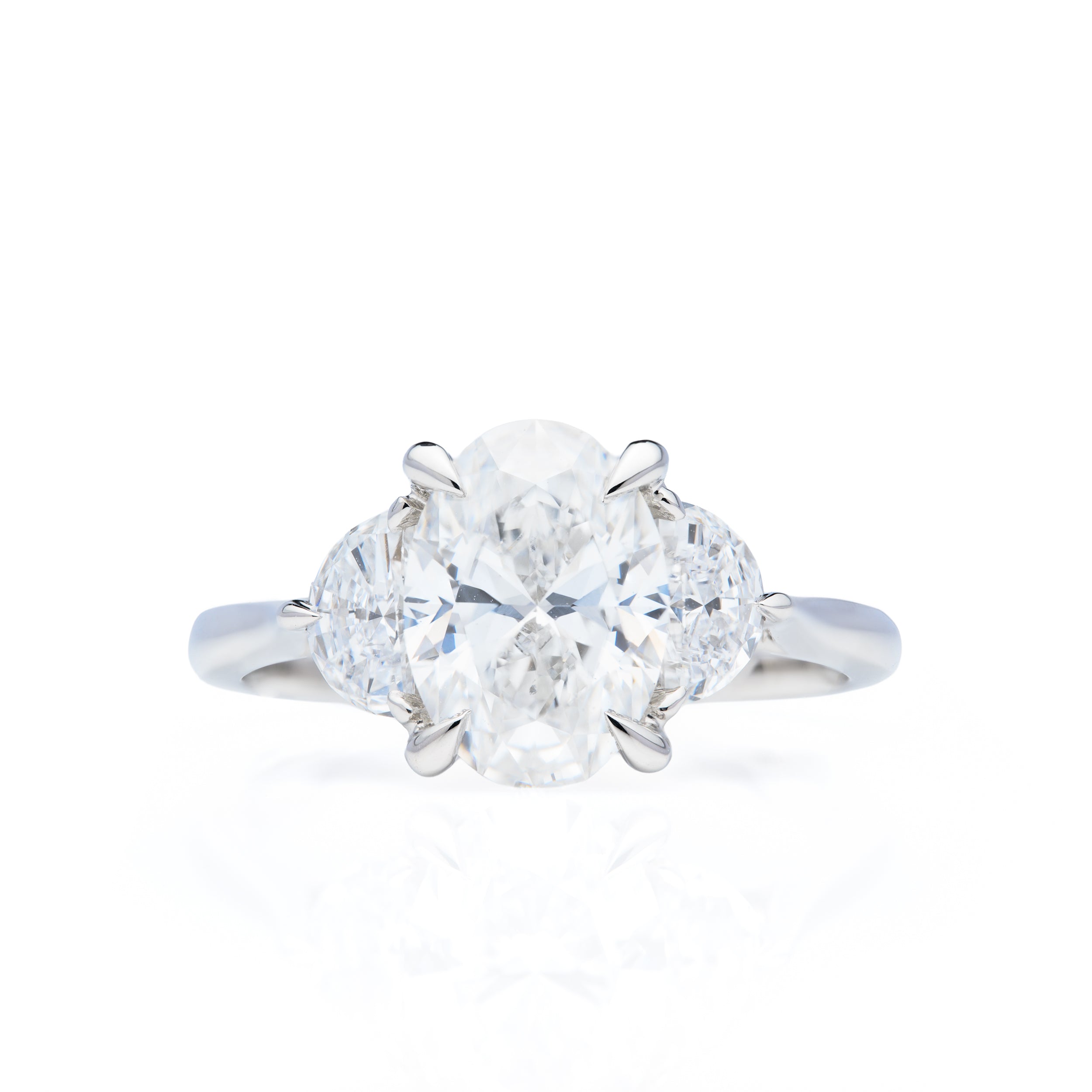 Platinum Oval Cut and Half-Moon Cut Lab Grown Diamond Trilogy Ring