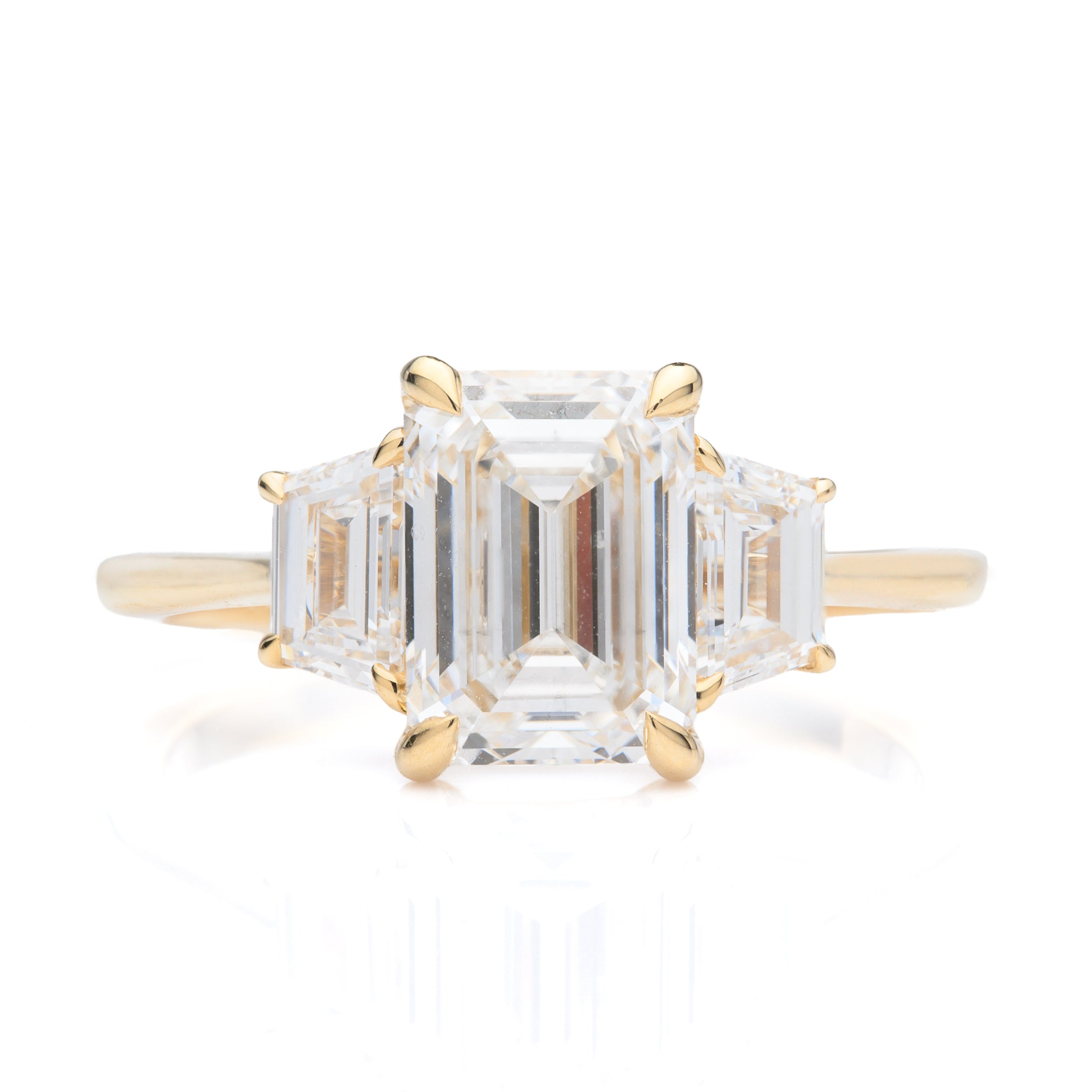 18ct Yellow Gold Emerald Cut Lab Grown Diamond and Trapezoid Cut Lab Grown Diamond Trilogy Ring