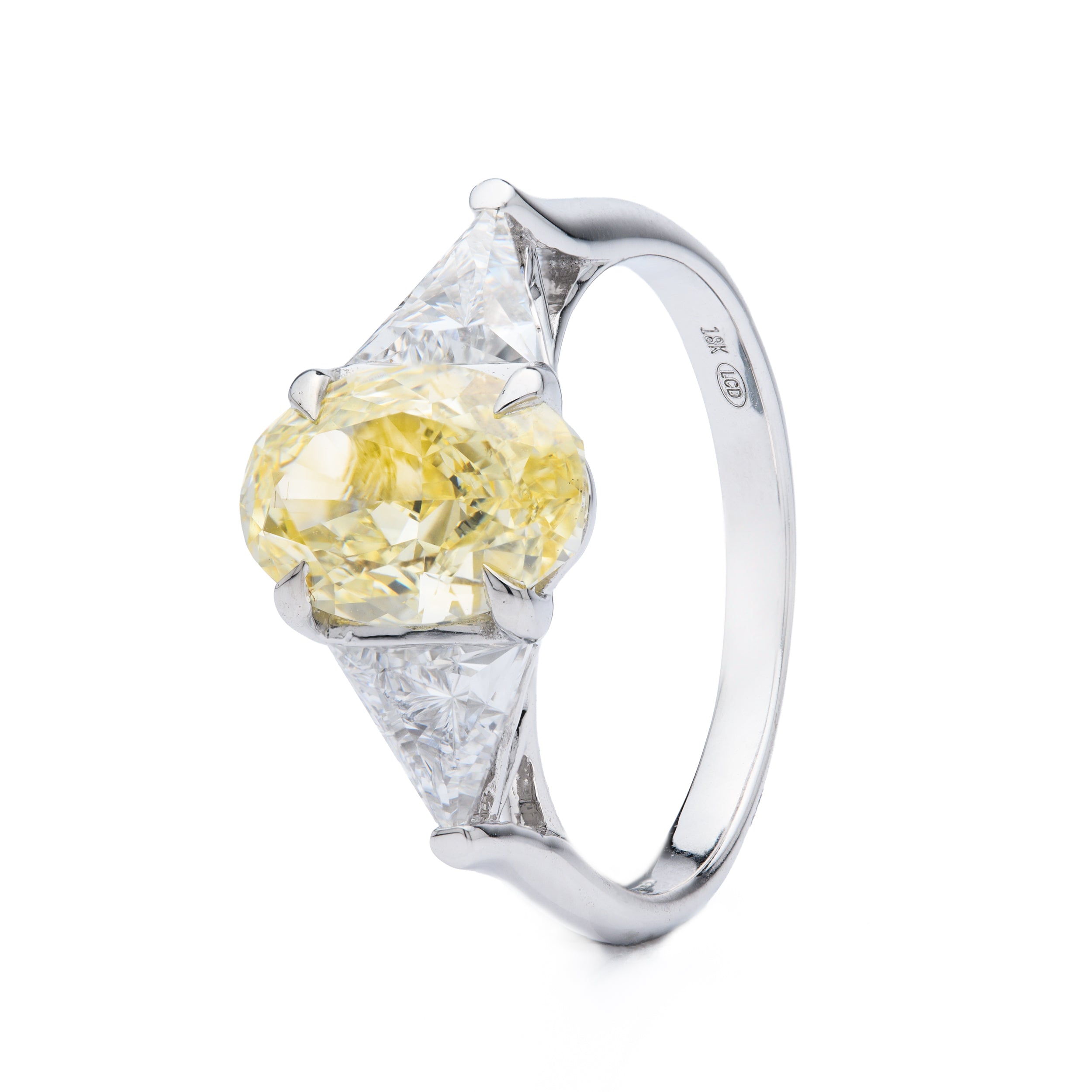 18ct White Gold Oval Cut Yellow Lab Grown Diamond and Trilliant Cut Lab Grown Diamond Shoulder Trilogy Ring