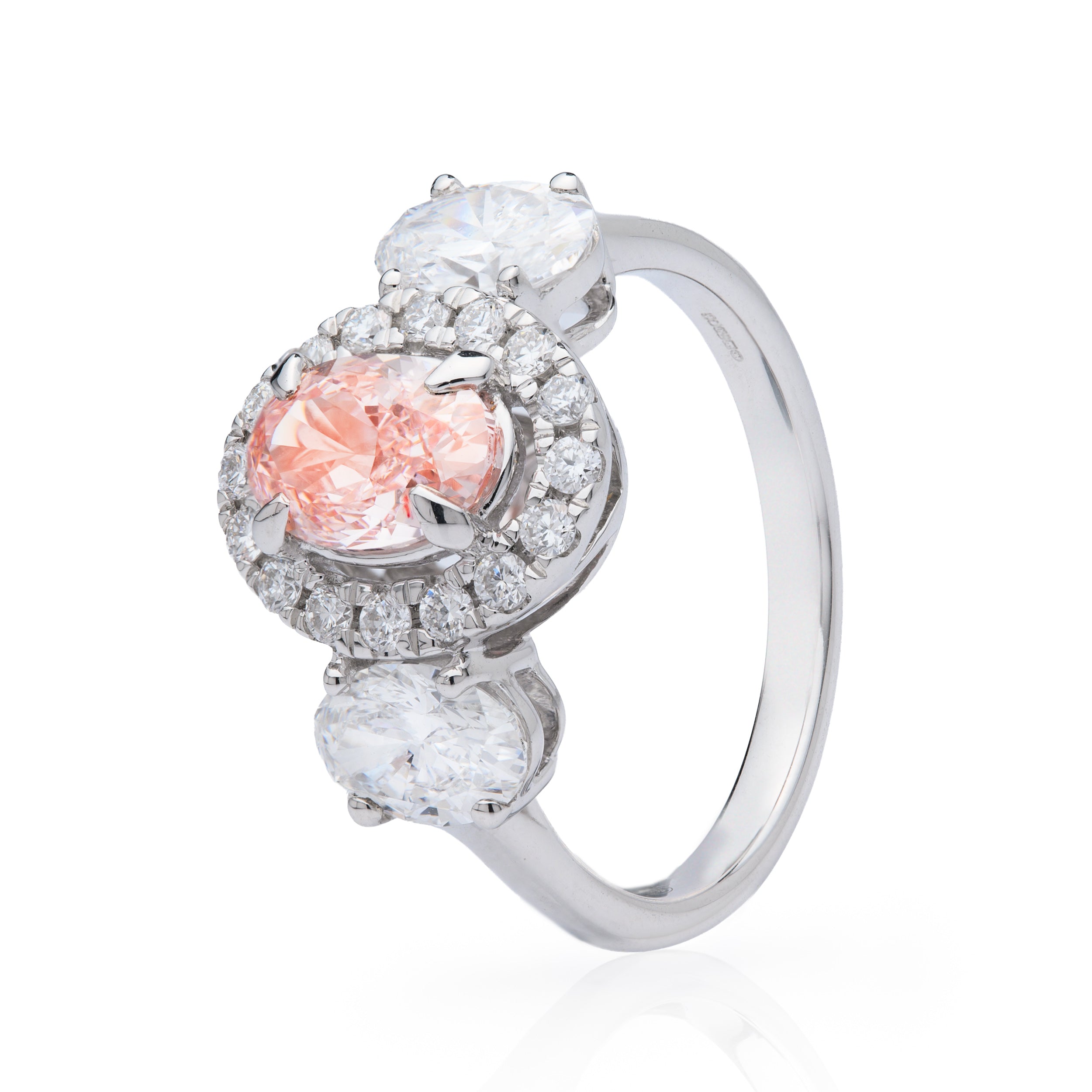 18ct White Gold Oval Cut Pink Lab Grown Diamond ring with a Brilliant Cut Lab Grown Diamond Halo cluster and Oval Cut Lab Grown Diamond Shoulders.