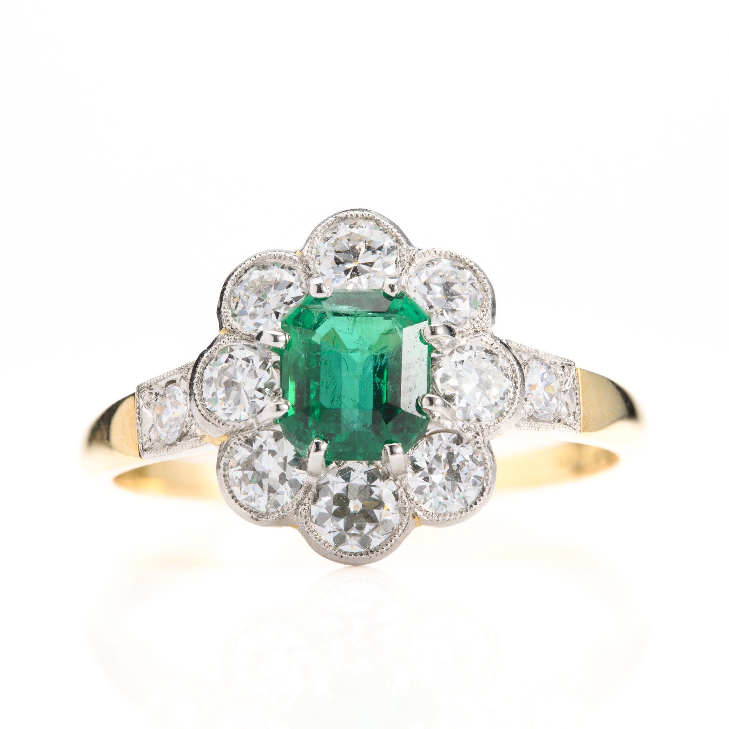 18ct Yellow Gold & Platinum Octagonal Cut Emerald & Round Brilliant Cut Diamond Flower Cluster Ring