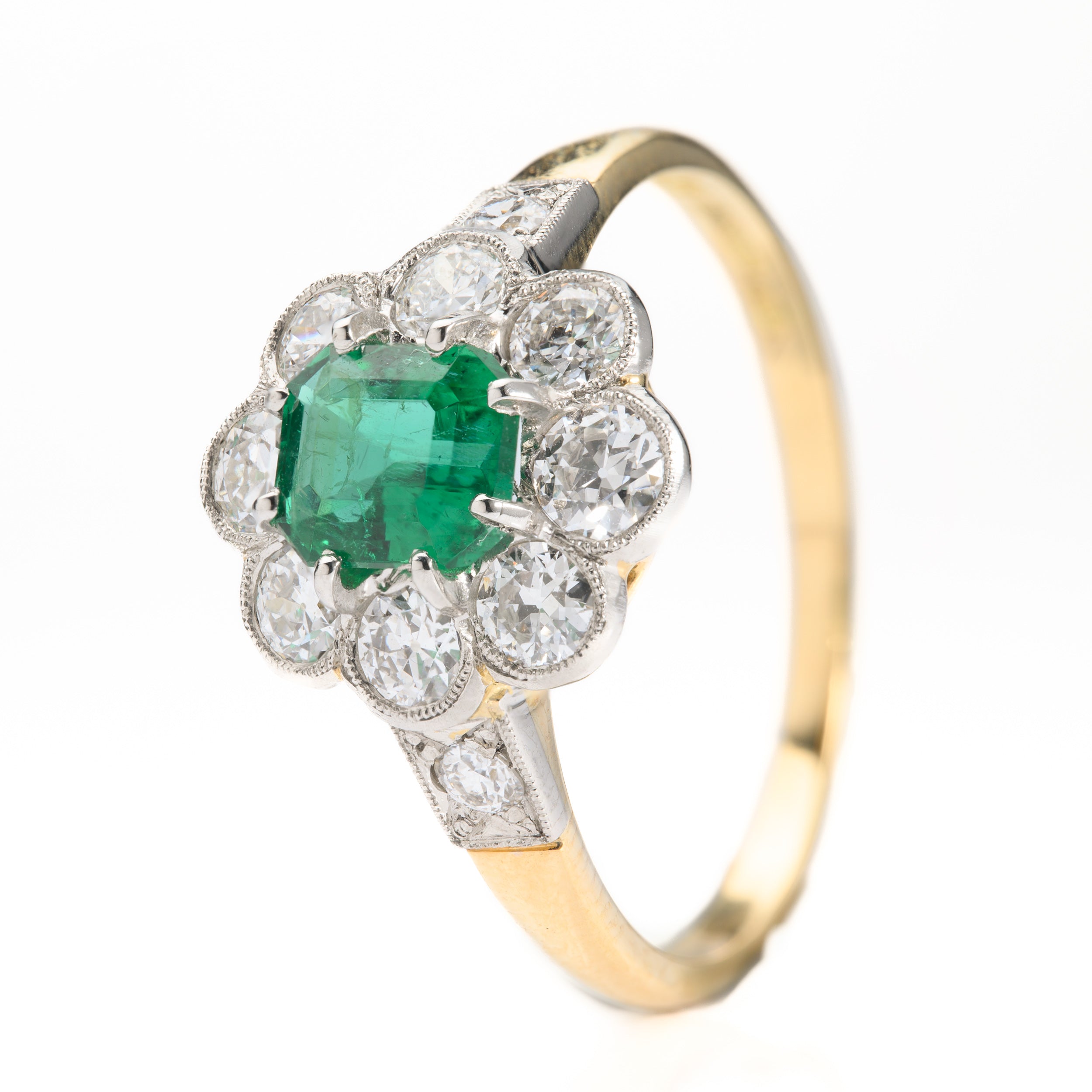 18ct Yellow Gold & Platinum Octagonal Cut Emerald & Round Brilliant Cut Diamond Flower Cluster Ring
