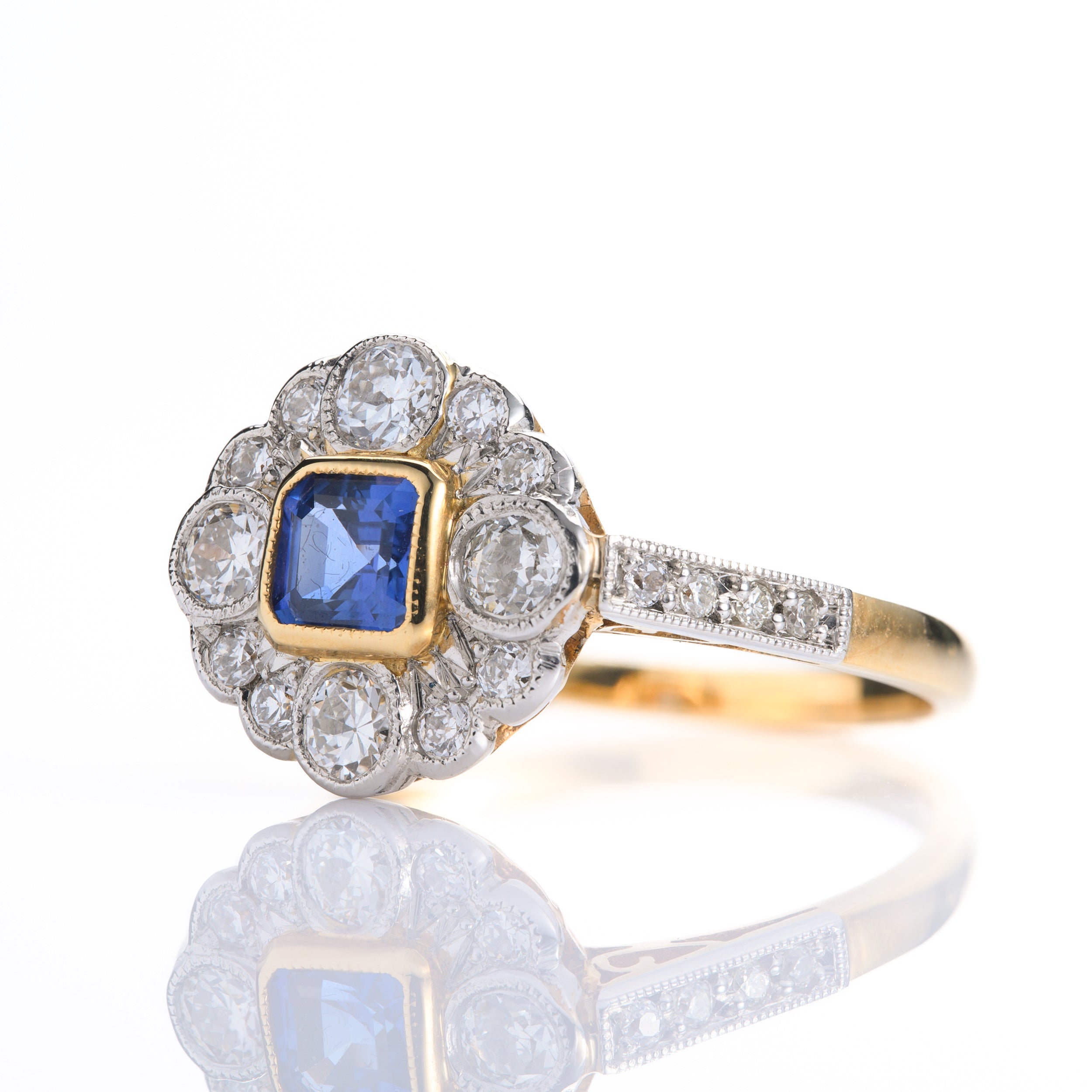 Pre-Owned 18ct Yellow Gold & Platinum Square Cut Sapphire & Round Brilliant Cut Diamond Cluster Ring