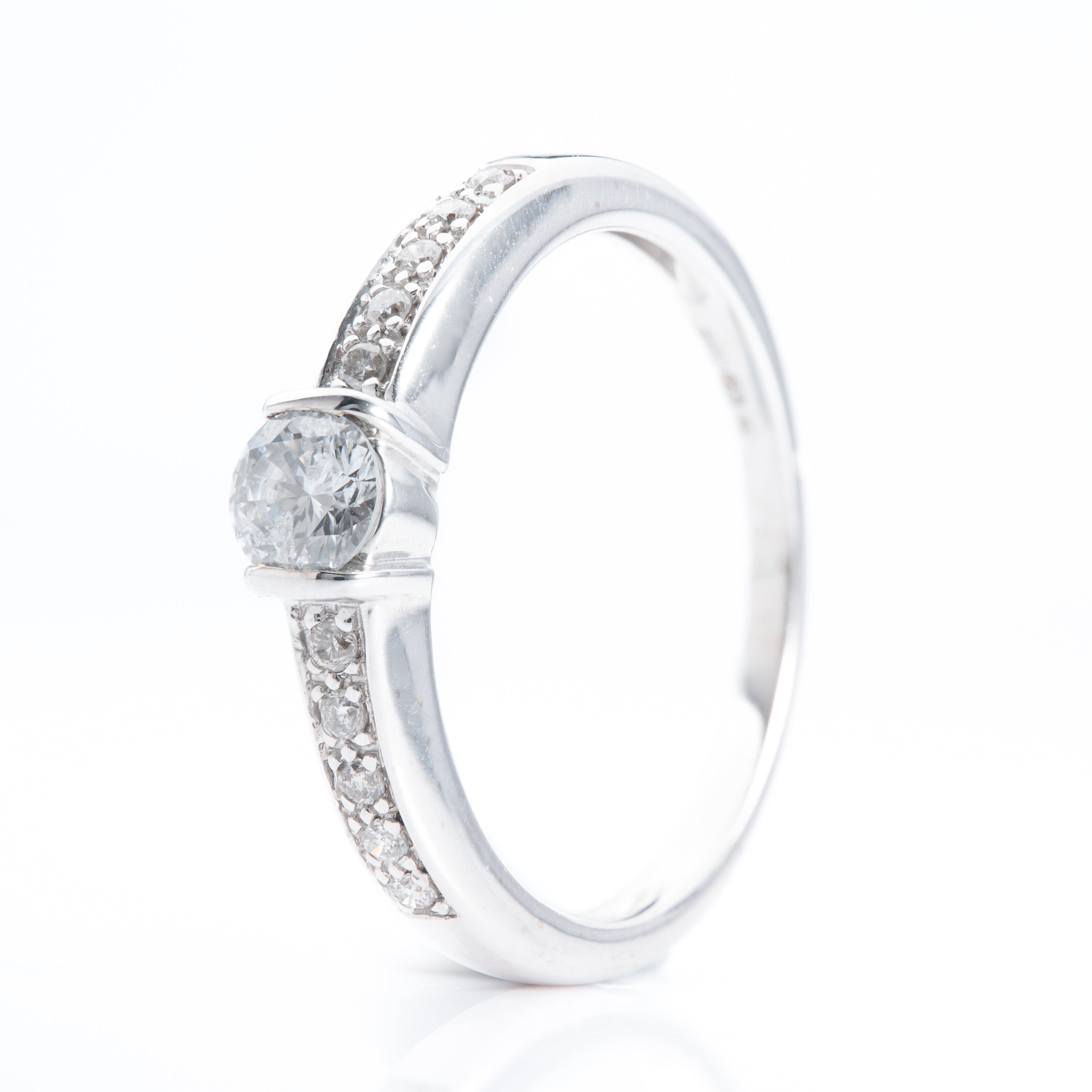 18ct White Gold Tension Set Round Brilliant Cut Diamond ring with Diamond Shoulders