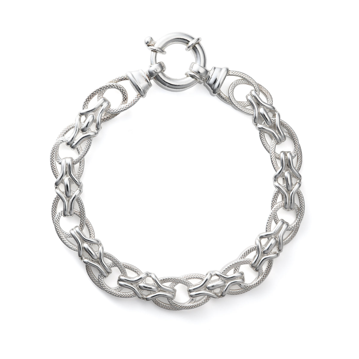 Sterling Silver 10mm Double Oval Textured Link 8" Bracelet with Señorita Clasp