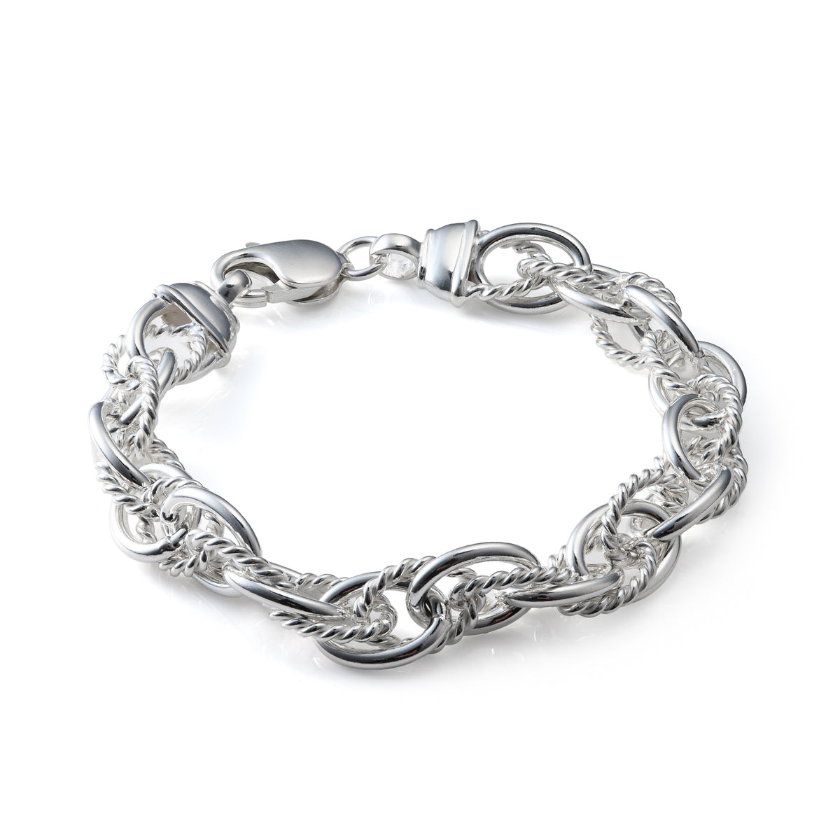 Sterling Silver 9mm Twisted and Polished Oval Link 7.5" Rope Chain Bracelet with Lobster Clasp