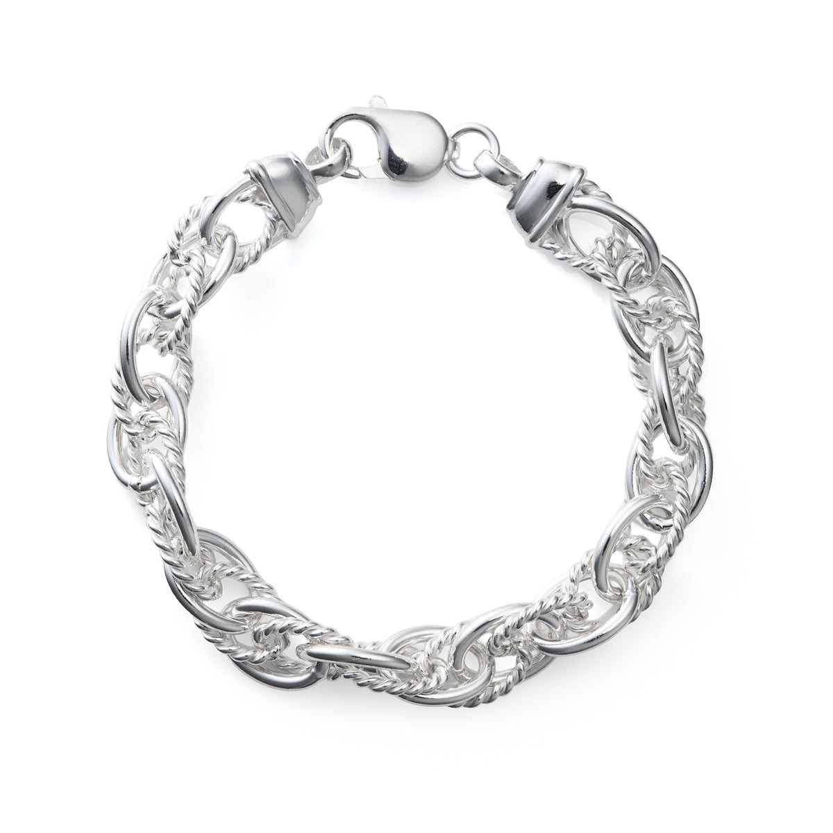 Sterling Silver 9mm Twisted and Polished Oval Link 7.5" Rope Chain Bracelet with Lobster Clasp